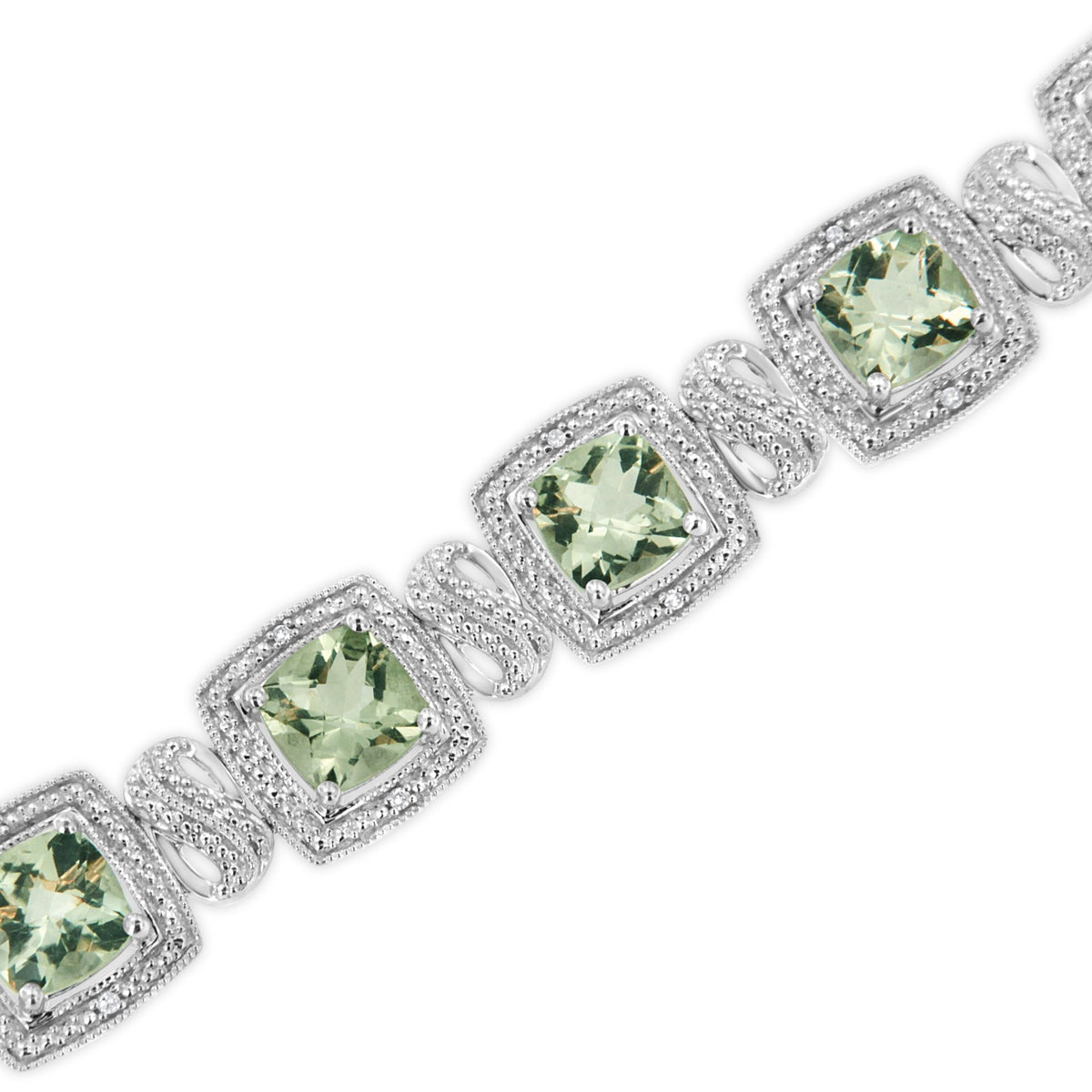 .925 Sterling Silver 7x7 mm Cushion Cut Green Amethyst and 1/10 cttw Single Cut Diamond Square Shape Tennis Bracelet (I-J Color, I1-I2 Clarity) - 7&quot; - LinkagejewelrydesignLinkagejewelrydesign