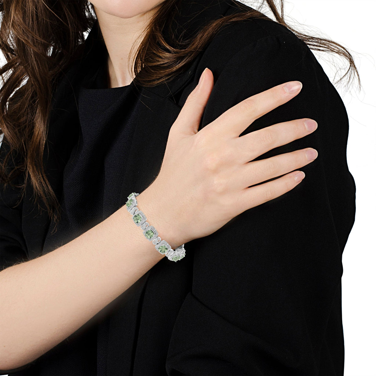 .925 Sterling Silver 7x7 mm Cushion Cut Green Amethyst and 1/10 cttw Single Cut Diamond Square Shape Tennis Bracelet (I-J Color, I1-I2 Clarity) - 7&quot; - LinkagejewelrydesignLinkagejewelrydesign