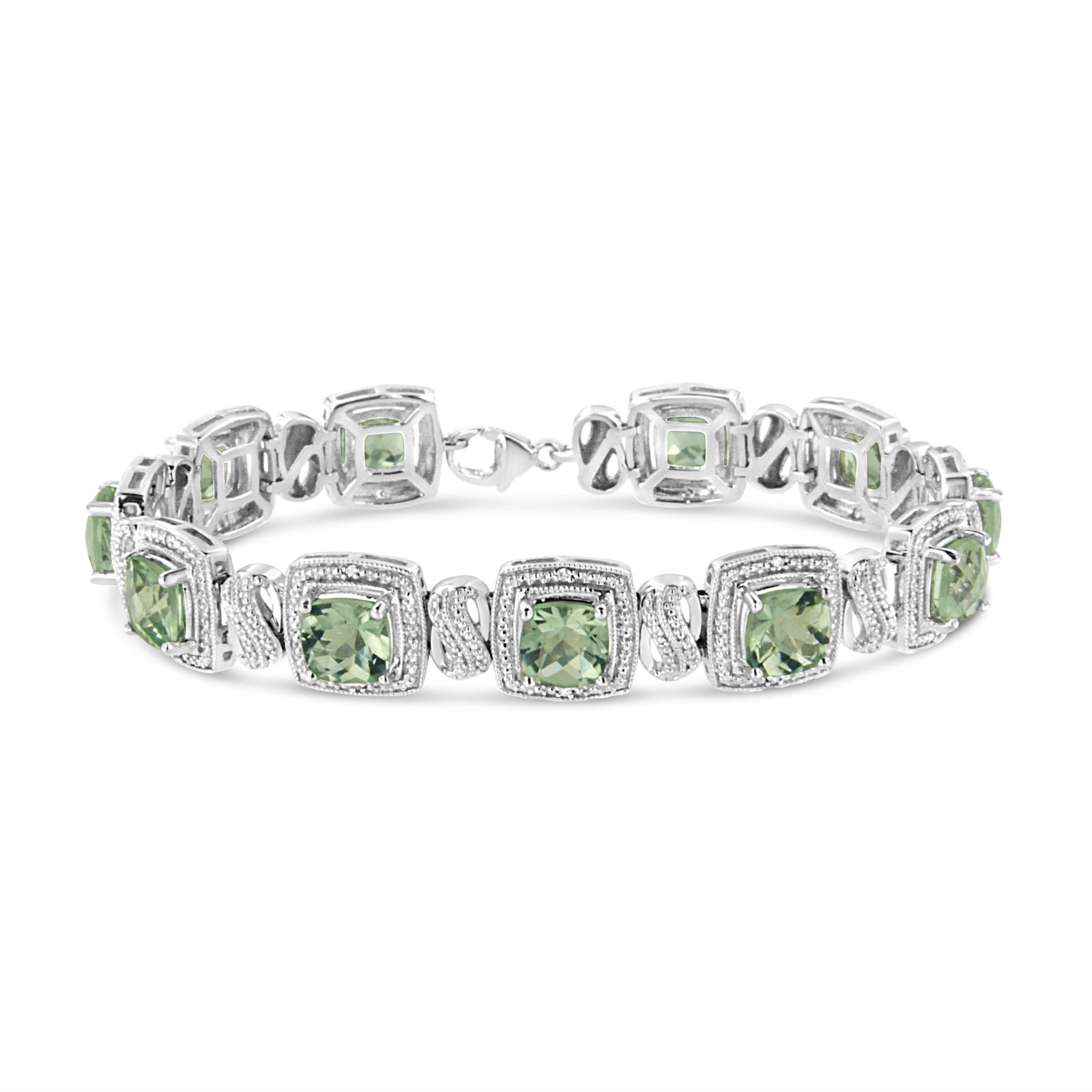 .925 Sterling Silver 7x7 mm Cushion Cut Green Amethyst and 1/10 cttw Single Cut Diamond Square Shape Tennis Bracelet (I-J Color, I1-I2 Clarity) - 7" - LinkagejewelrydesignLinkagejewelrydesign