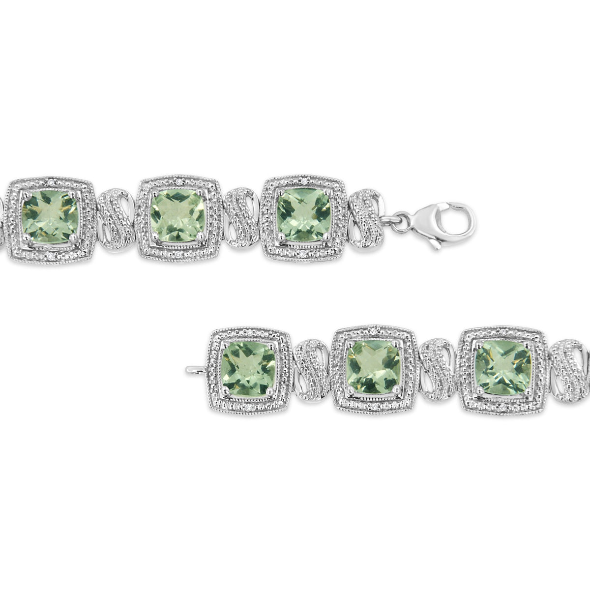 .925 Sterling Silver 7x7 mm Cushion Cut Green Amethyst and 1/10 cttw Single Cut Diamond Square Shape Tennis Bracelet (I-J Color, I1-I2 Clarity) - 7&quot; - LinkagejewelrydesignLinkagejewelrydesign