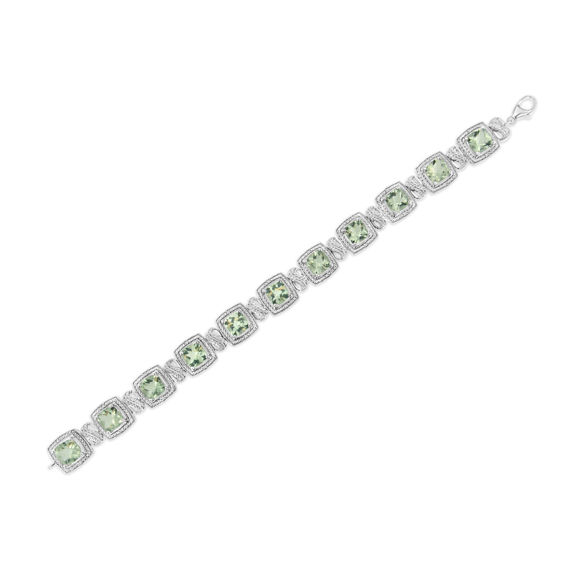 .925 Sterling Silver 7x7 mm Cushion Cut Green Amethyst and 1/10 cttw Single Cut Diamond Square Shape Tennis Bracelet (I-J Color, I1-I2 Clarity) - 7&quot; - LinkagejewelrydesignLinkagejewelrydesign