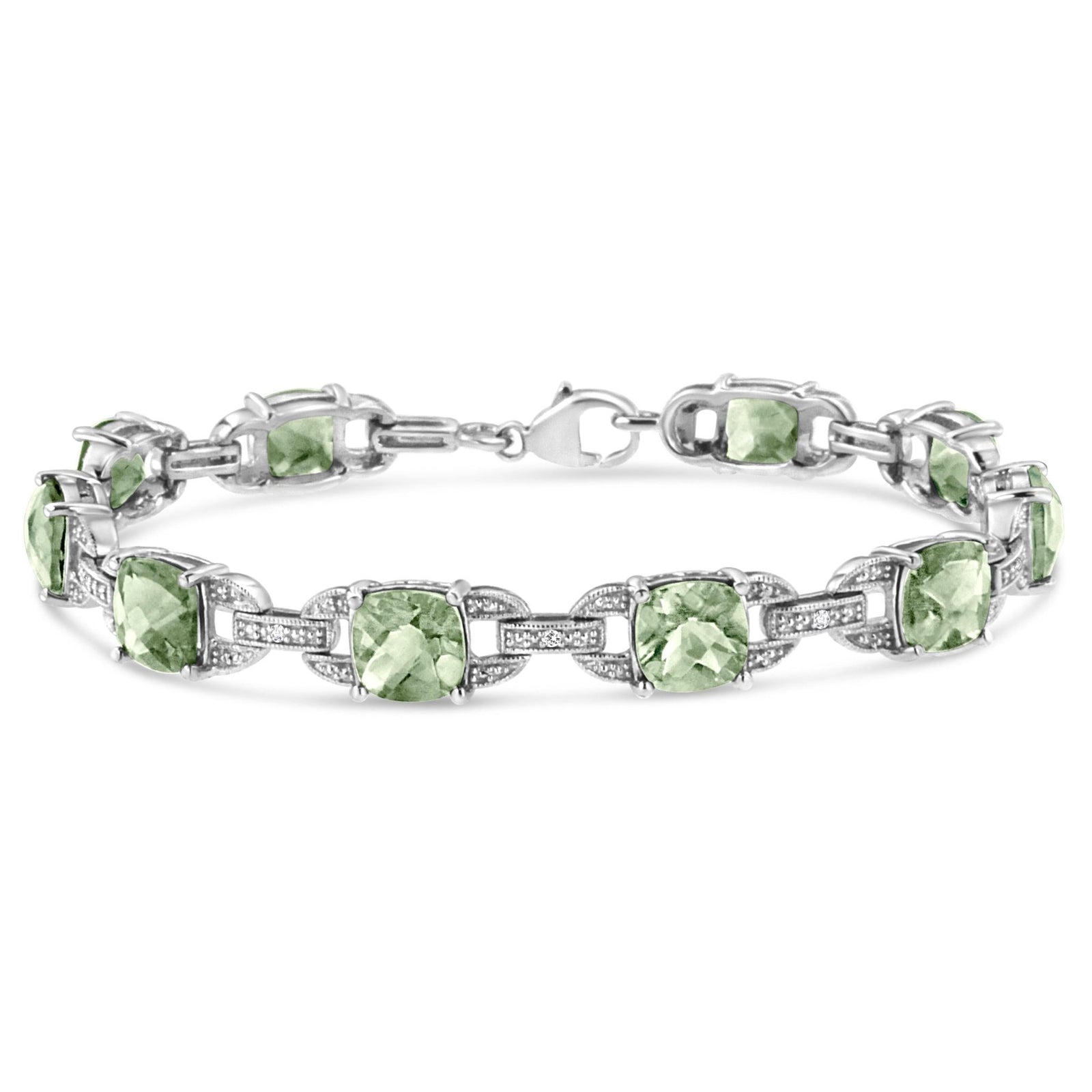 .925 Sterling Silver 7x7 mm Cushion Cut Green Amethyst and 1/20 cttw Round Cut Diamond Fashion Tennis Bracelet (I-J Color, I1-I2 Clarity) - 7" - LinkagejewelrydesignLinkagejewelrydesign