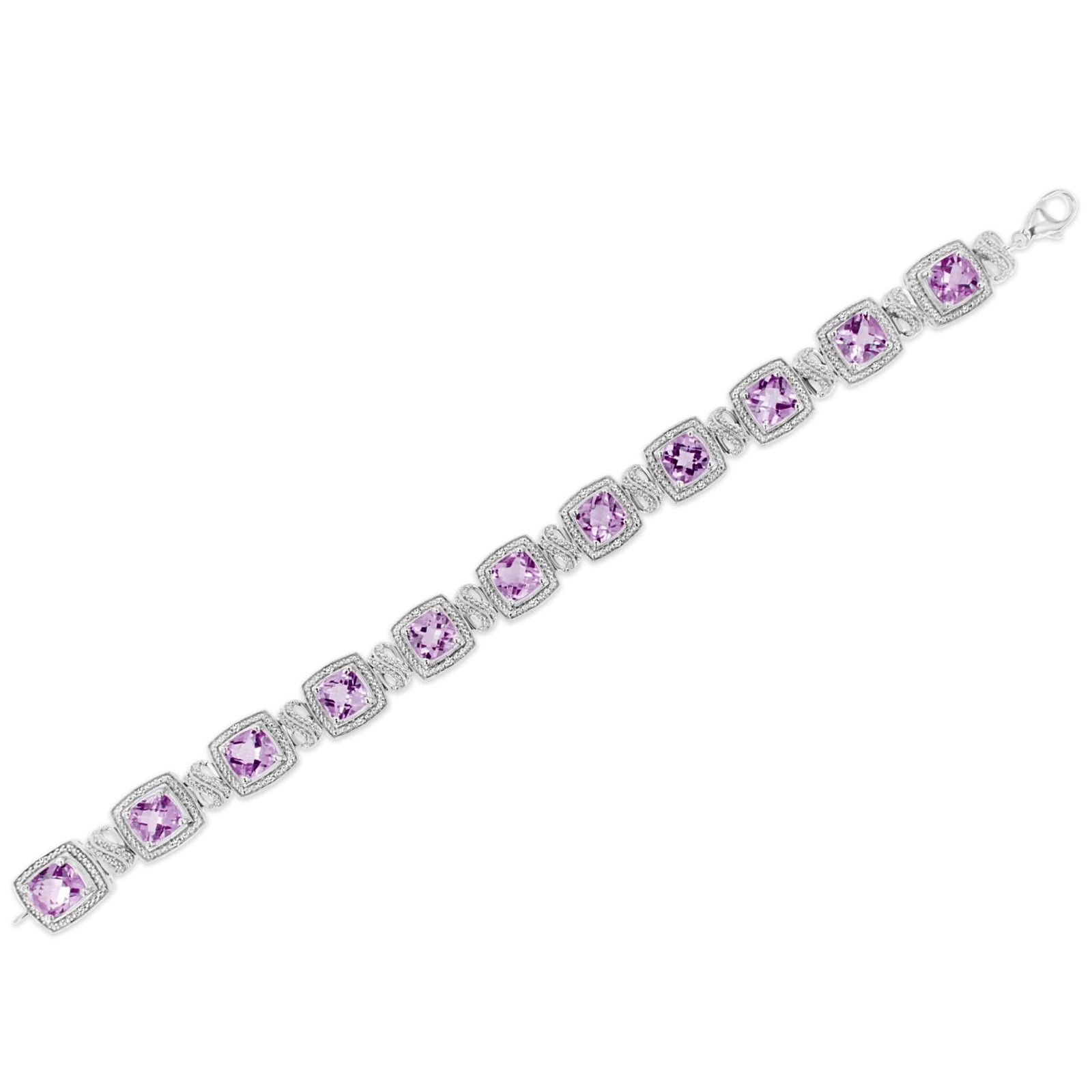 .925 Sterling Silver 7x7 mm Cushion Cut Purple Amethyst and 1/10 cttw Round Cut Diamond Square Shape Tennis Bracelet (I-J Color, I1-I2 Clarity) - 7" - LinkagejewelrydesignLinkagejewelrydesign