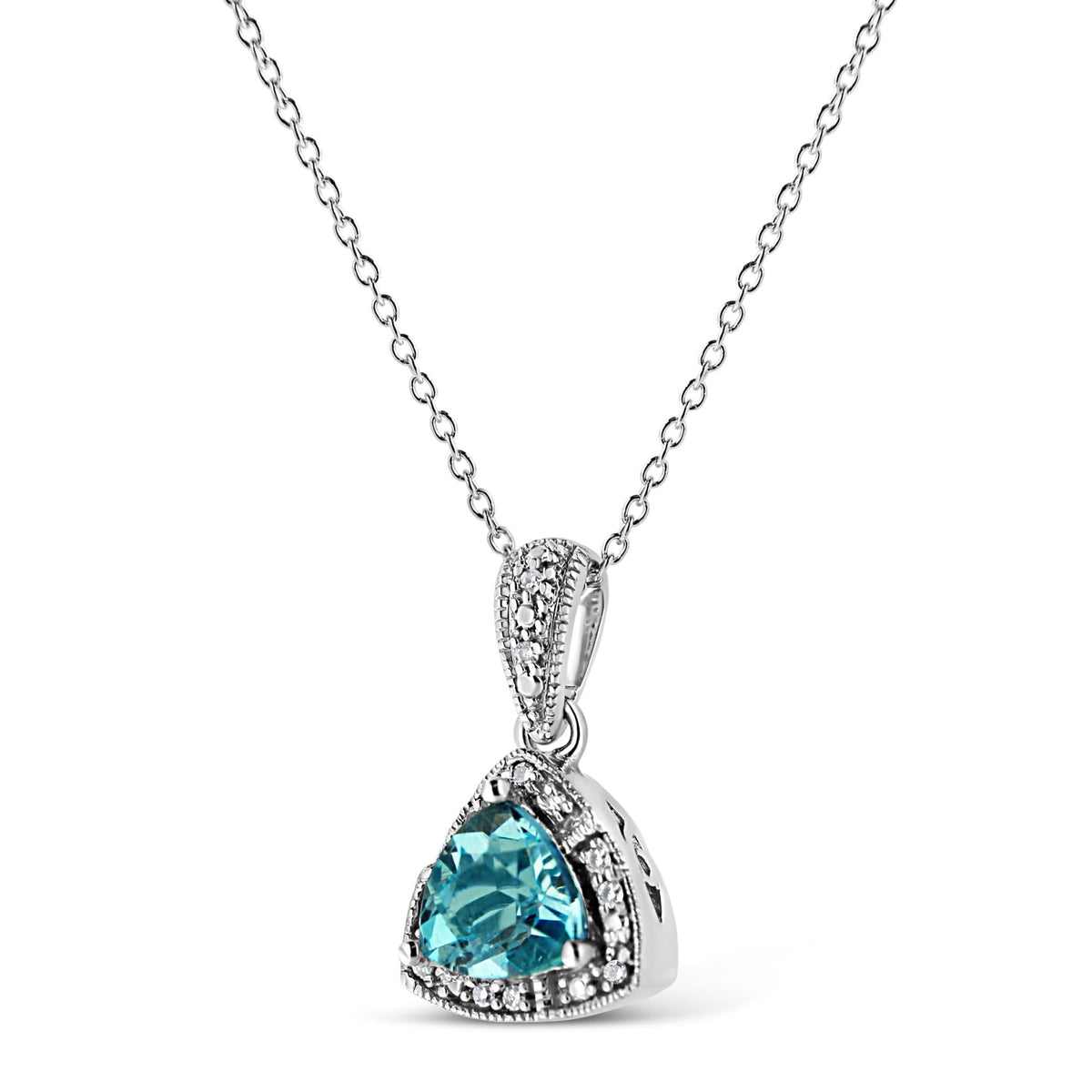 .925 Sterling Silver 7x7 mm Trillion Cut Blue Topaz Gemstone and Diamond Accent 18&quot; Pendant Necklace (I-J Color, I1-I2 Clarity) - LinkagejewelrydesignLinkagejewelrydesign