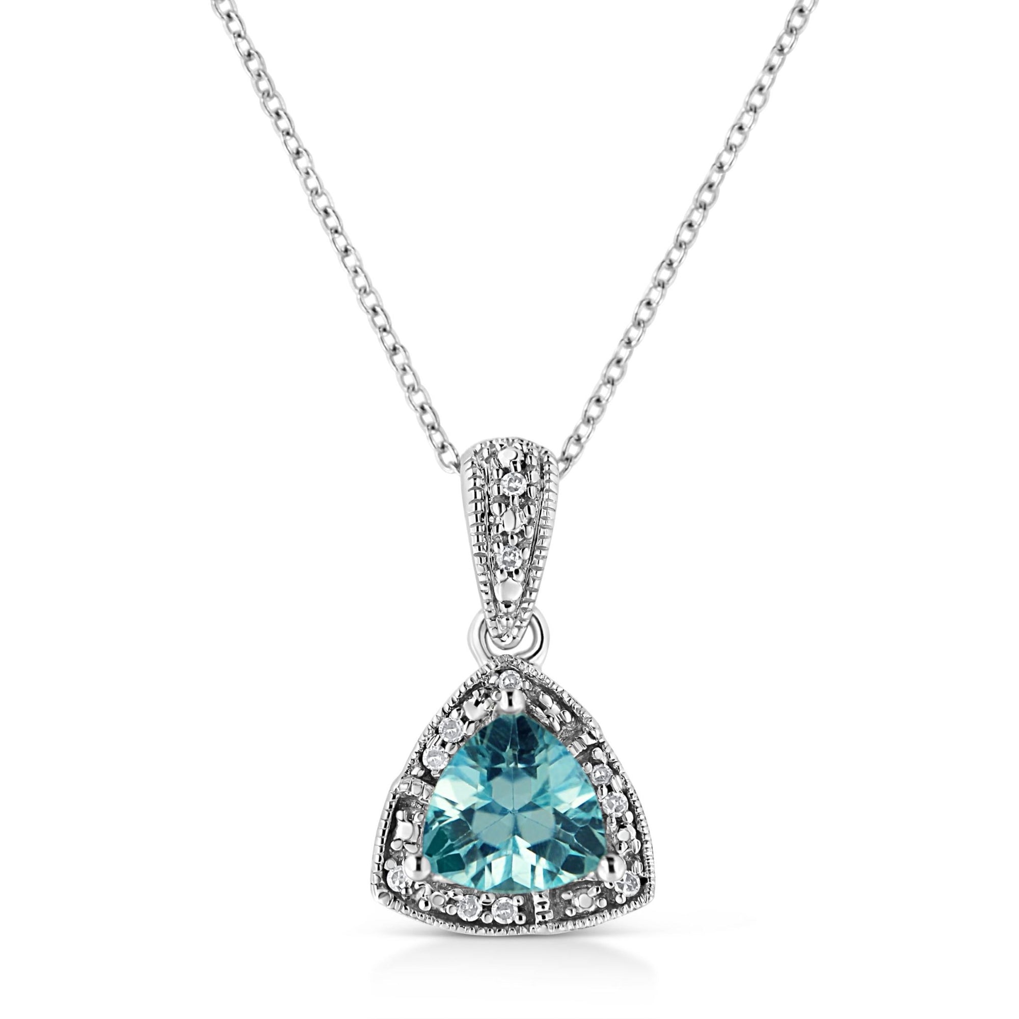 .925 Sterling Silver 7x7 mm Trillion Cut Blue Topaz Gemstone and Diamond Accent 18" Pendant Necklace (I-J Color, I1-I2 Clarity) - LinkagejewelrydesignLinkagejewelrydesign