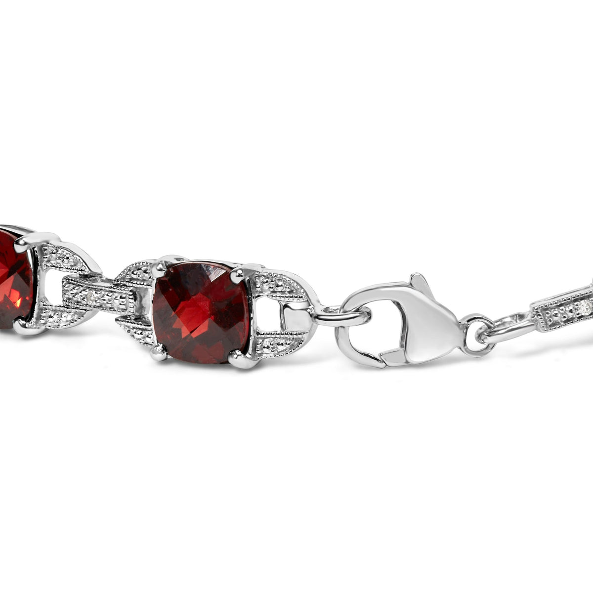 .925 Sterling Silver 7x7mm Checkered Cushion Red Garnet and Diamond Accent Fashion Tennis Link Bracelet (I-J Color, I1-I2 Clarity) - Size 7&quot; Inch - LinkagejewelrydesignLinkagejewelrydesign