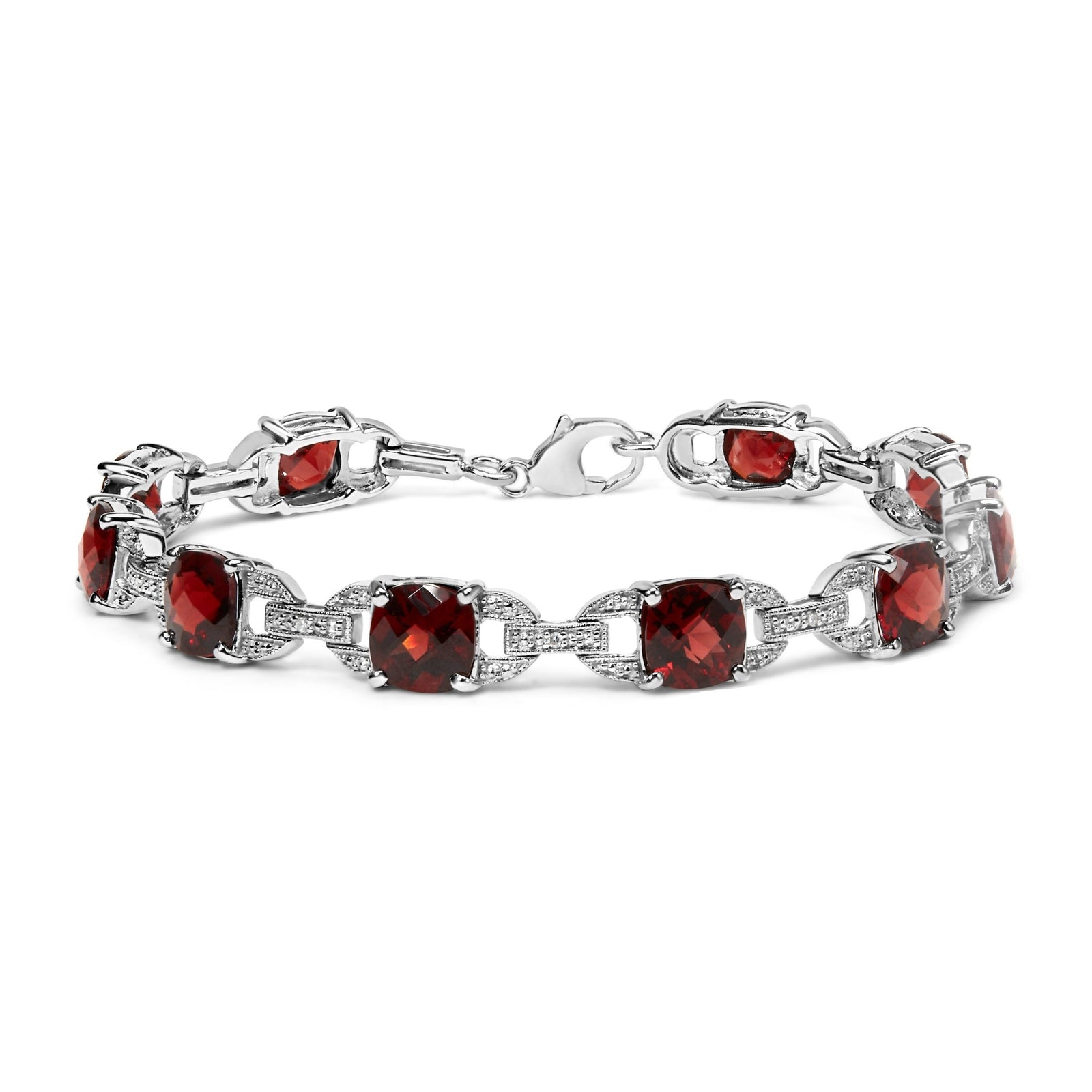 .925 Sterling Silver 7x7mm Checkered Cushion Red Garnet and Diamond Accent Fashion Tennis Link Bracelet (I-J Color, I1-I2 Clarity) - Size 7" Inch - LinkagejewelrydesignLinkagejewelrydesign