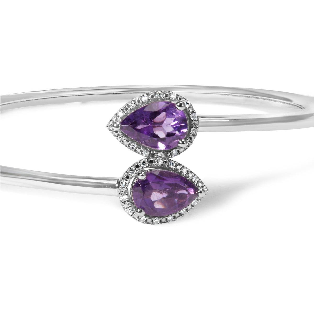 .925 Sterling Silver 8 x 5.5mm Pear Shape Amethyst and Diamond Accent Halo Bypass Bangle Bracelet (H-I Color, SI1-SI2 Clarity) - Fits up to 7.75&quot; Inches - LinkagejewelrydesignLinkagejewelrydesign