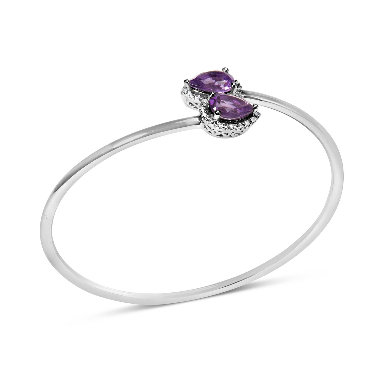 .925 Sterling Silver 8 x 5.5mm Pear Shape Amethyst and Diamond Accent Halo Bypass Bangle Bracelet (H-I Color, SI1-SI2 Clarity) - Fits up to 7.75&quot; Inches - LinkagejewelrydesignLinkagejewelrydesign