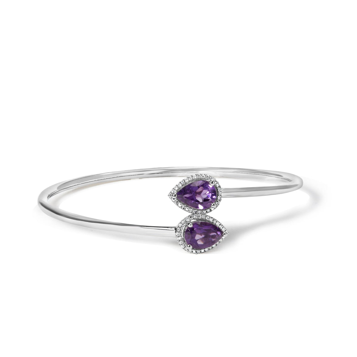 .925 Sterling Silver 8 x 5.5mm Pear Shape Amethyst and Diamond Accent Halo Bypass Bangle Bracelet (H-I Color, SI1-SI2 Clarity) - Fits up to 7.75&quot; Inches - LinkagejewelrydesignLinkagejewelrydesign