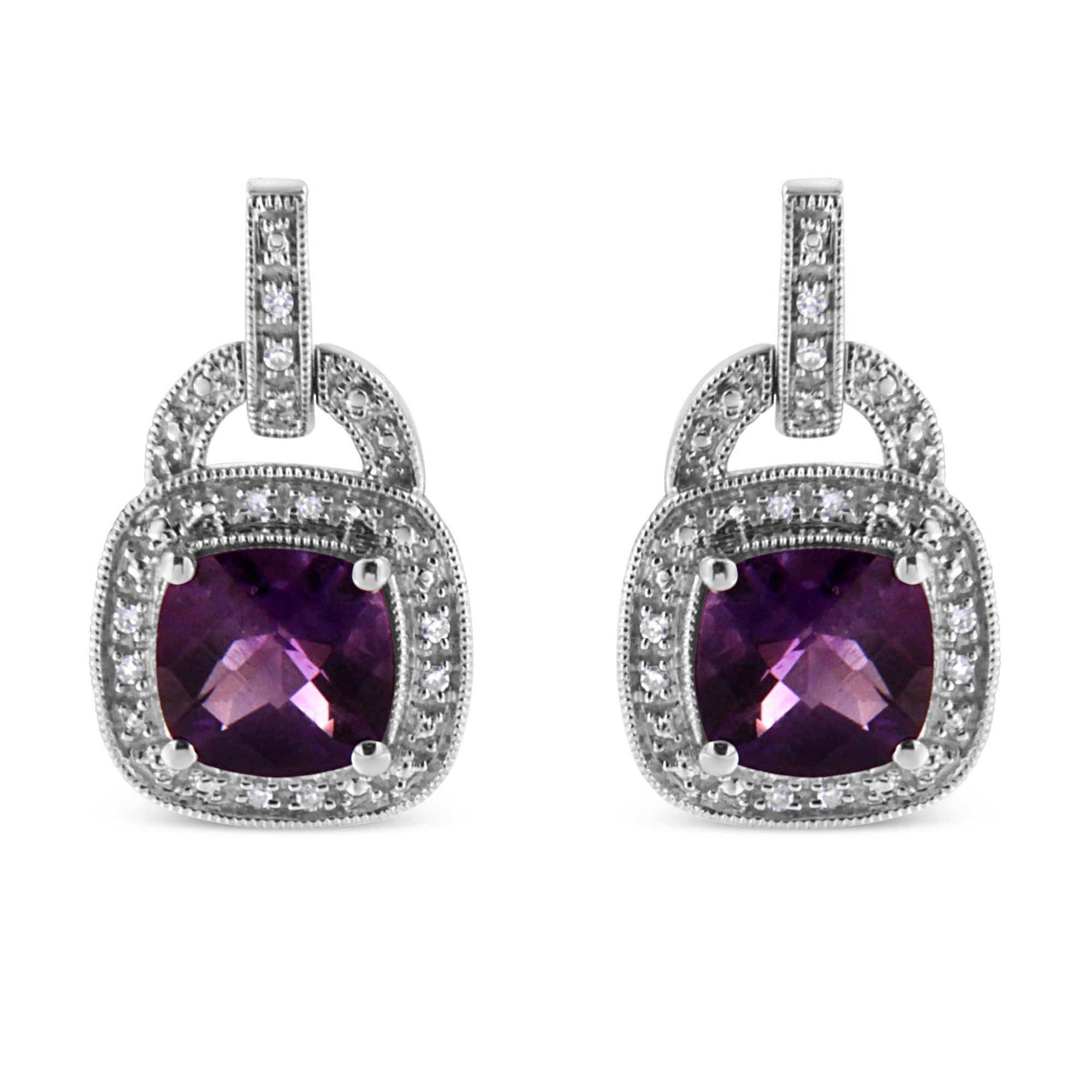 .925 Sterling Silver 8MM Natural Cushion Shaped Amethyst and Diamond Accent Halo with Push Back Dangle Earrings (I-J Color, I2-I3 Clarity) - LinkagejewelrydesignLinkagejewelrydesign
