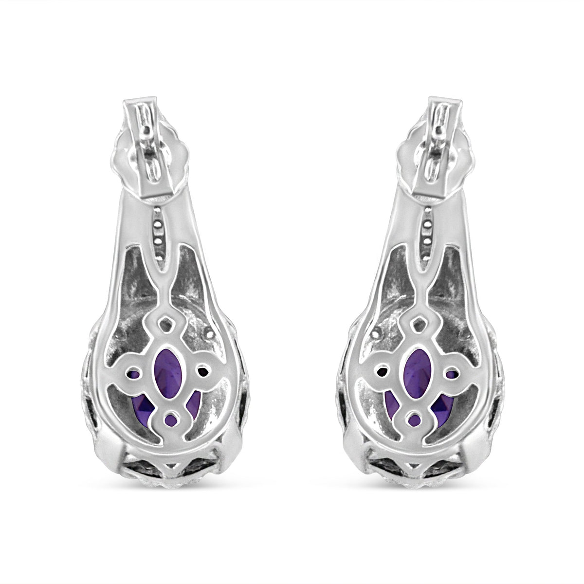 .925 Sterling Silver 8x6 MM Natural Oval Purple Amethyst Gemstone and Diamond Accent Art Deco Style Drop and Dangle Earrings (I-J Color, I1-I2 Clarity) - LinkagejewelrydesignLinkagejewelrydesign