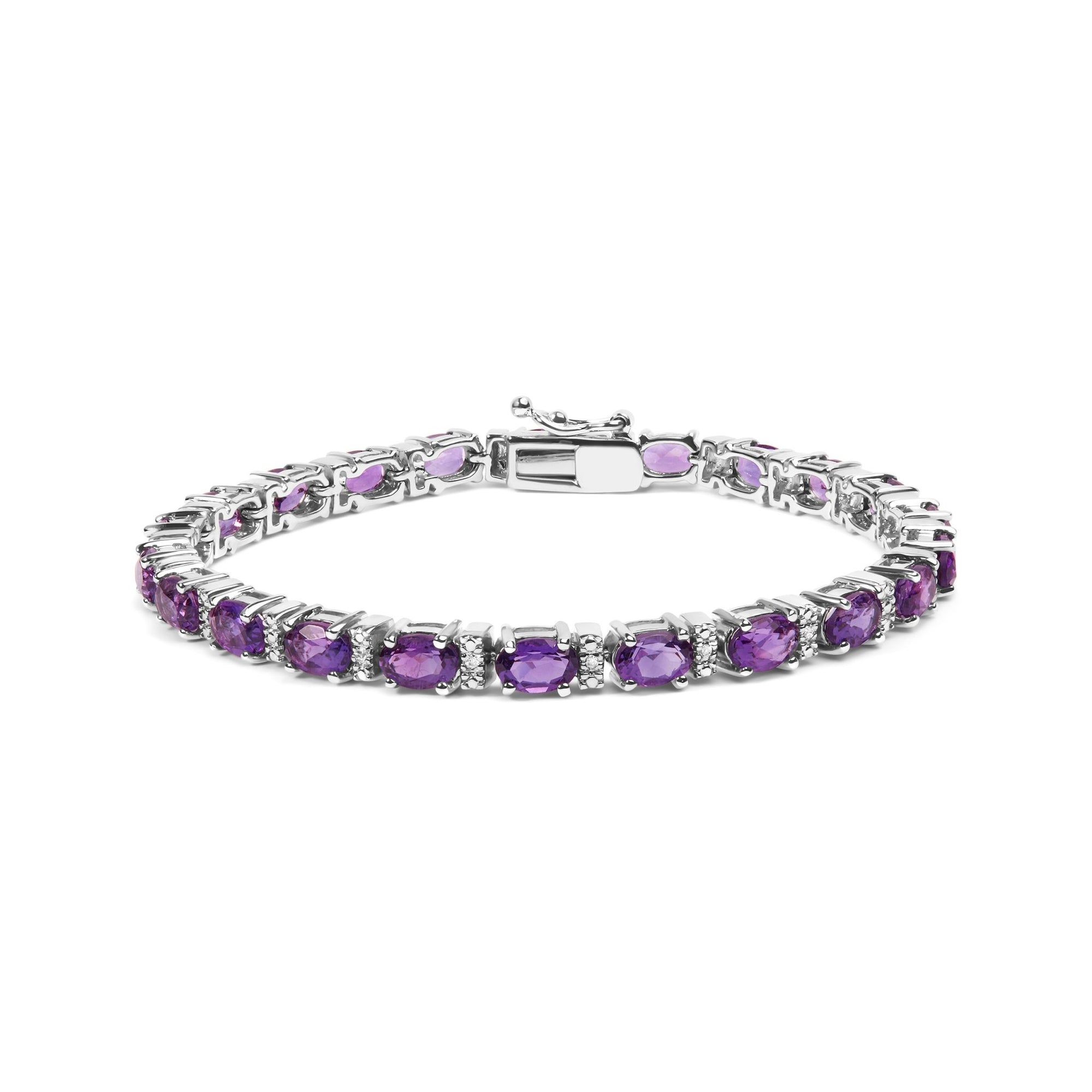 .925 Sterling Silver 9 1/2 Cttw Alternating Oval Amethyst and White Diamond Accent Link Tennis Bracelet (I-J Color, I3 Clarity) - 7.25" Inches - LinkagejewelrydesignLinkagejewelrydesign