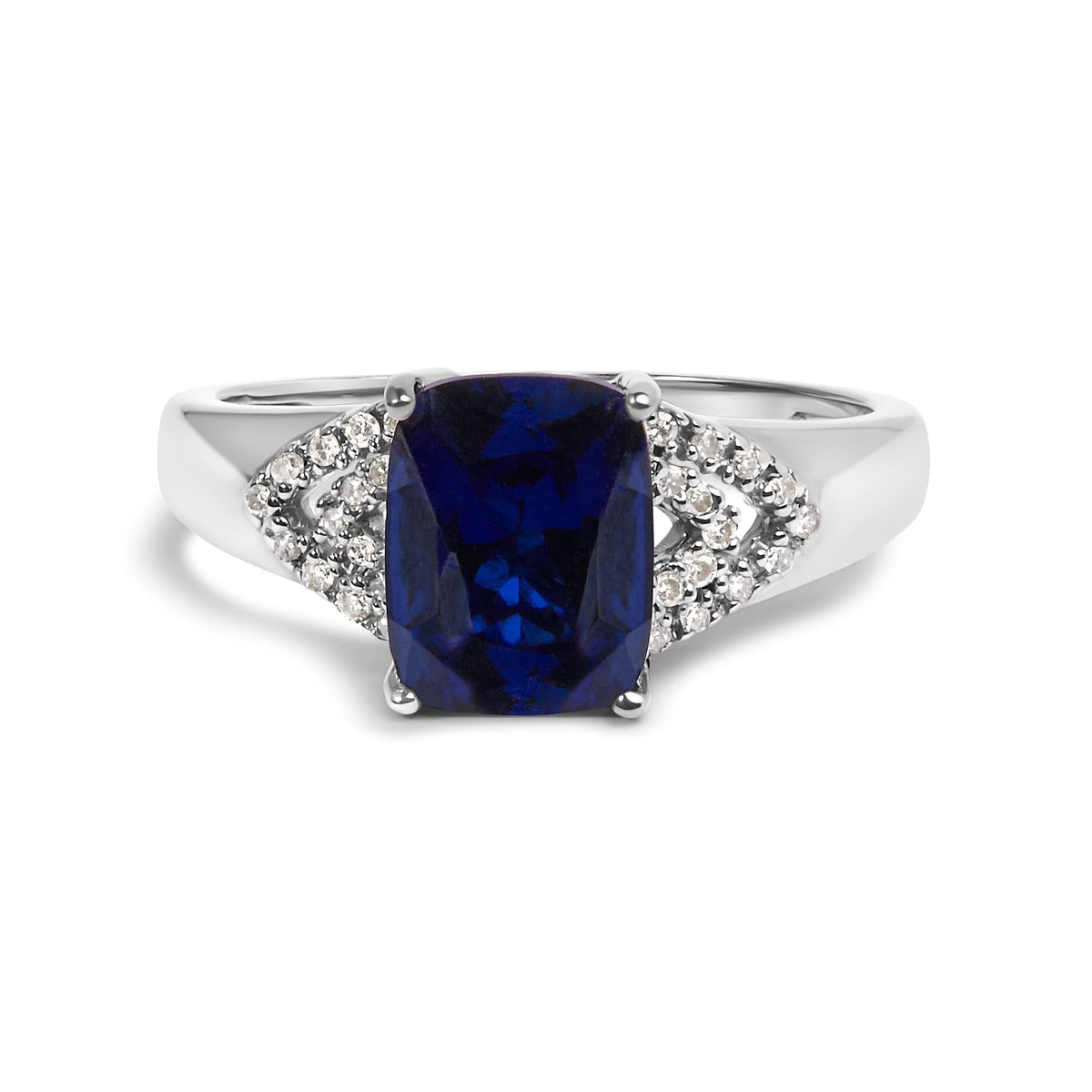 .925 Sterling Silver 9X7 mm Cushion Cut Blue Sapphire and White Diamond Step up Engagement Ring (I-J Color, I3 Clarity) - Ring Size 7 - LinkagejewelrydesignLinkagejewelrydesign