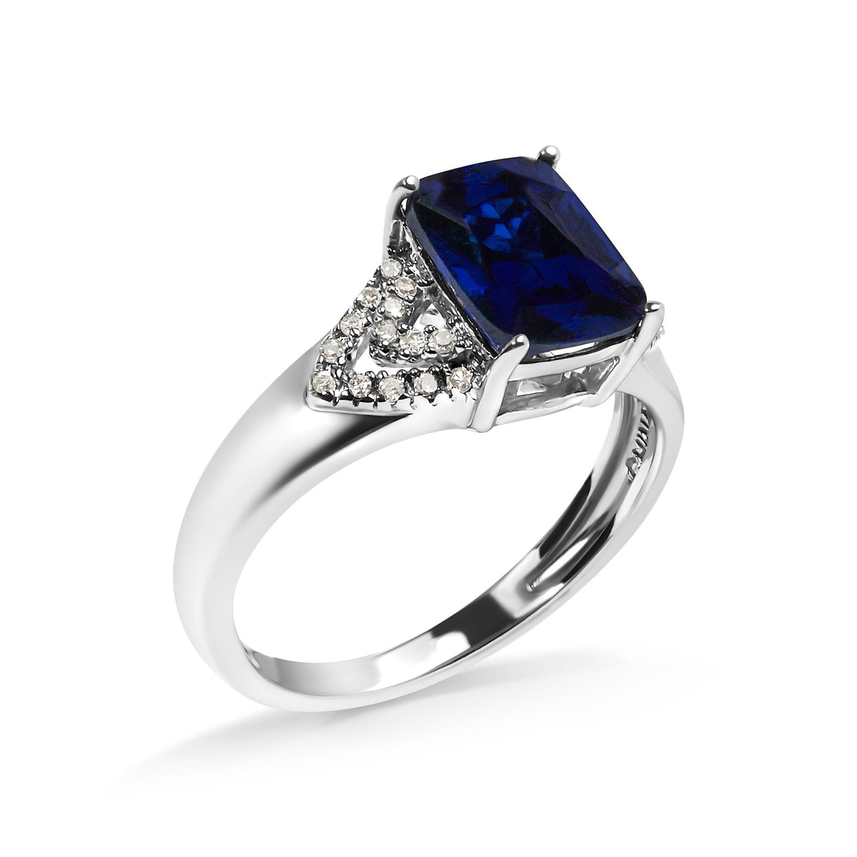 .925 Sterling Silver 9X7 mm Cushion Cut Blue Sapphire and White Diamond Step up Engagement Ring (I-J Color, I3 Clarity) - Ring Size 7 - LinkagejewelrydesignLinkagejewelrydesign