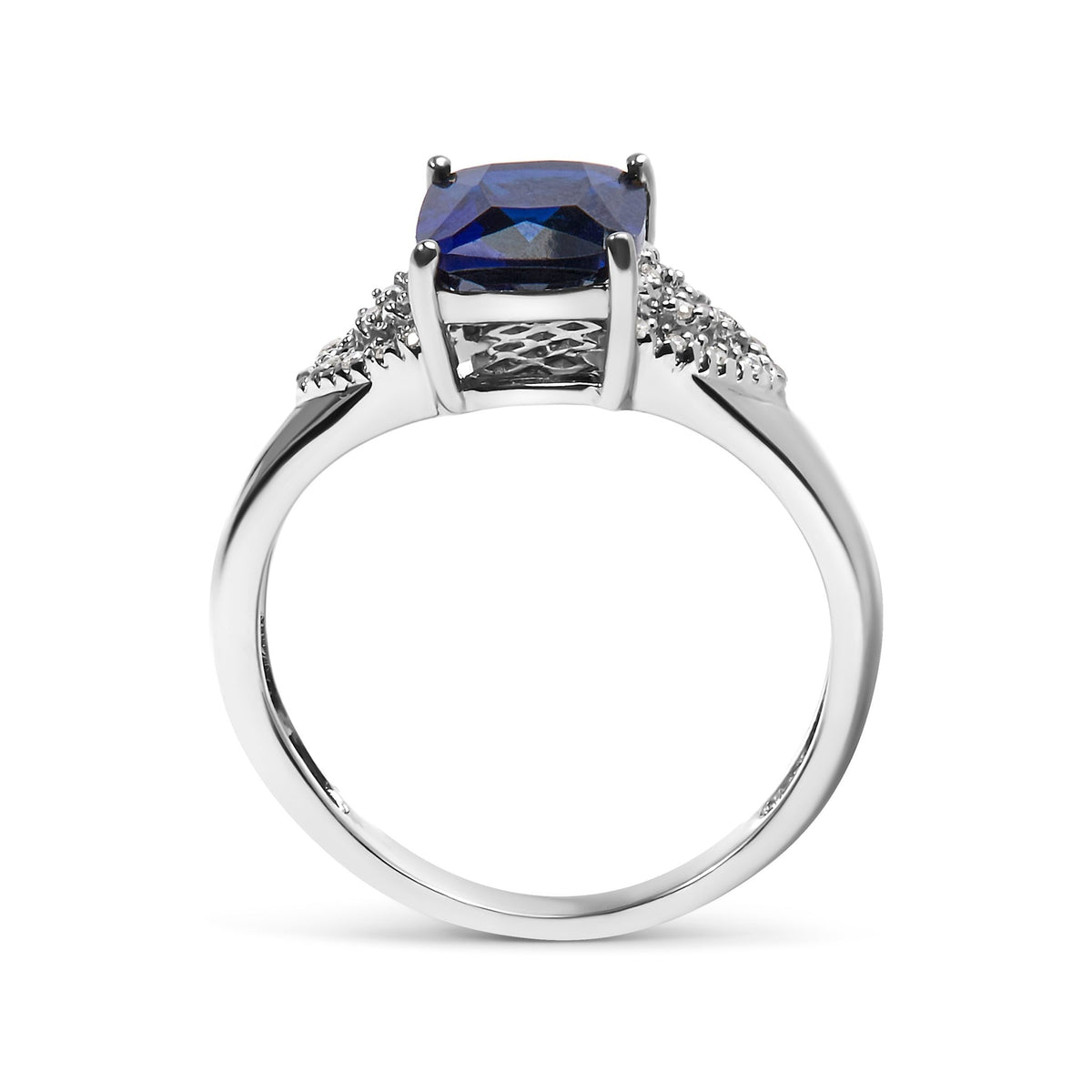 .925 Sterling Silver 9X7 mm Cushion Cut Blue Sapphire and White Diamond Step up Engagement Ring (I-J Color, I3 Clarity) - Ring Size 7 - LinkagejewelrydesignLinkagejewelrydesign