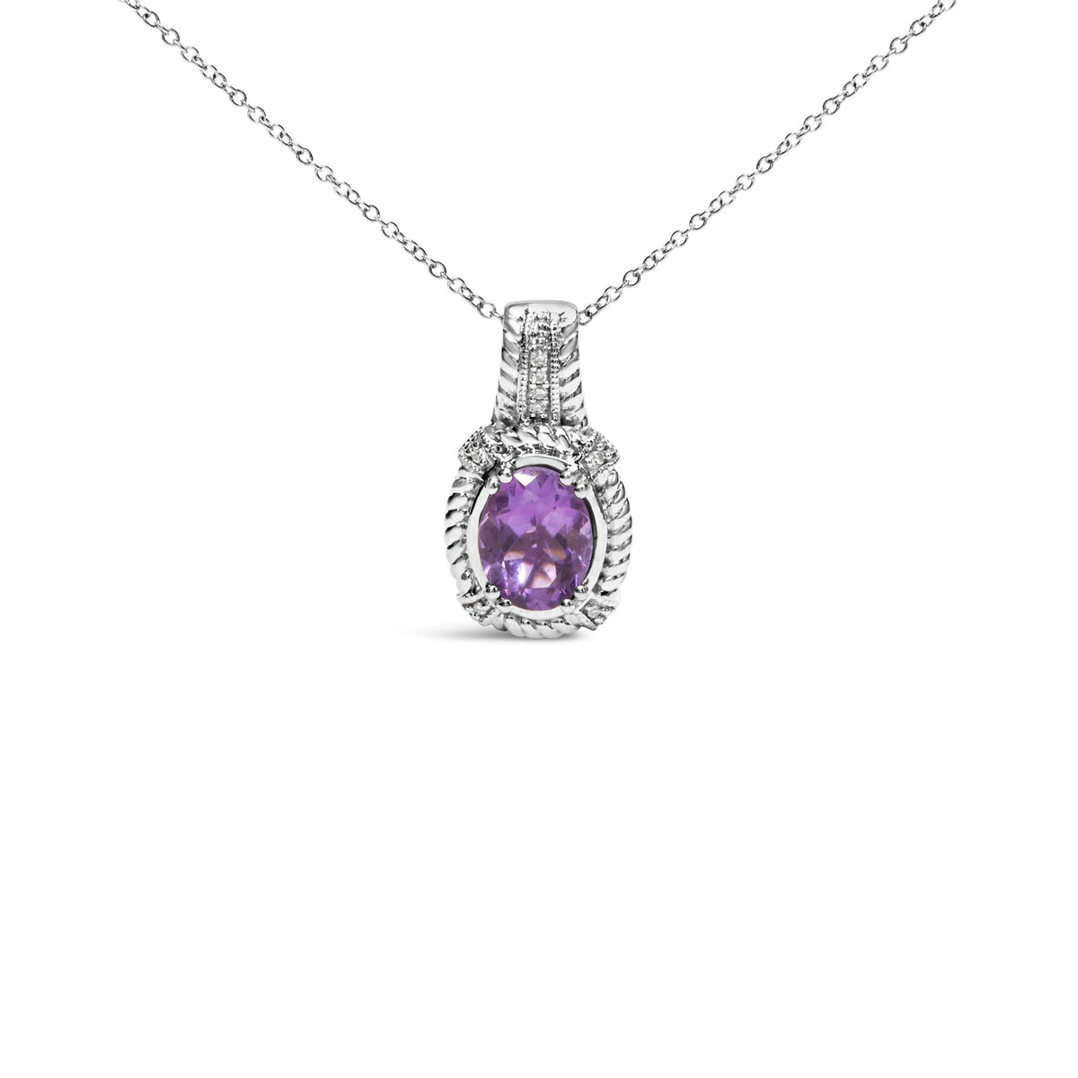 .925 Sterling Silver 9x7mm Oval Purple Amethyst and Round Diamond Accent Fashion Drop Pendant 18 Inch Necklace (I-J Color, I1-I2 Clarity) - LinkagejewelrydesignLinkagejewelrydesign