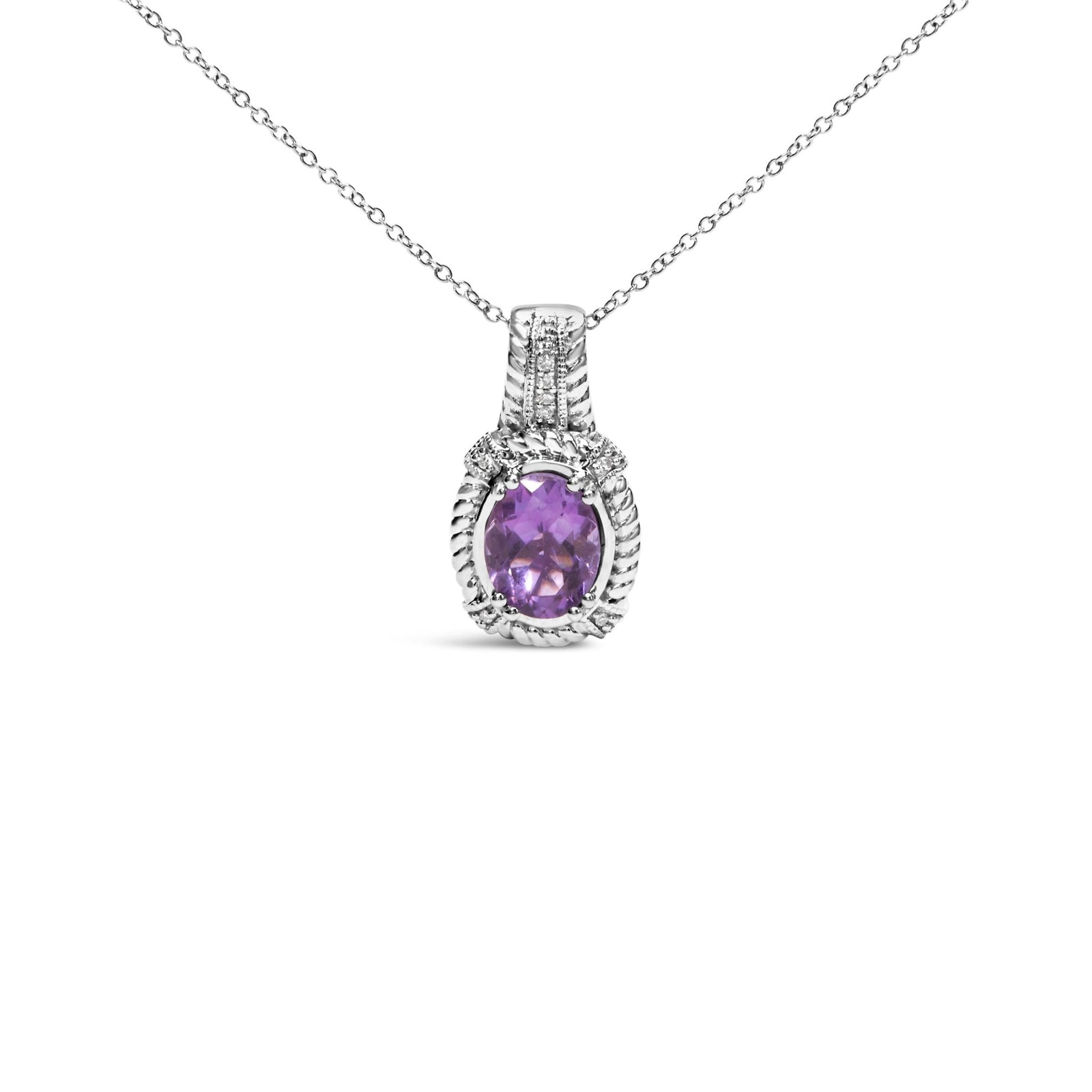 .925 Sterling Silver 9x7mm Oval Purple Amethyst and Round Diamond Accent Fashion Drop Pendant 18 Inch Necklace (I-J Color, I1-I2 Clarity) - LinkagejewelrydesignLinkagejewelrydesign