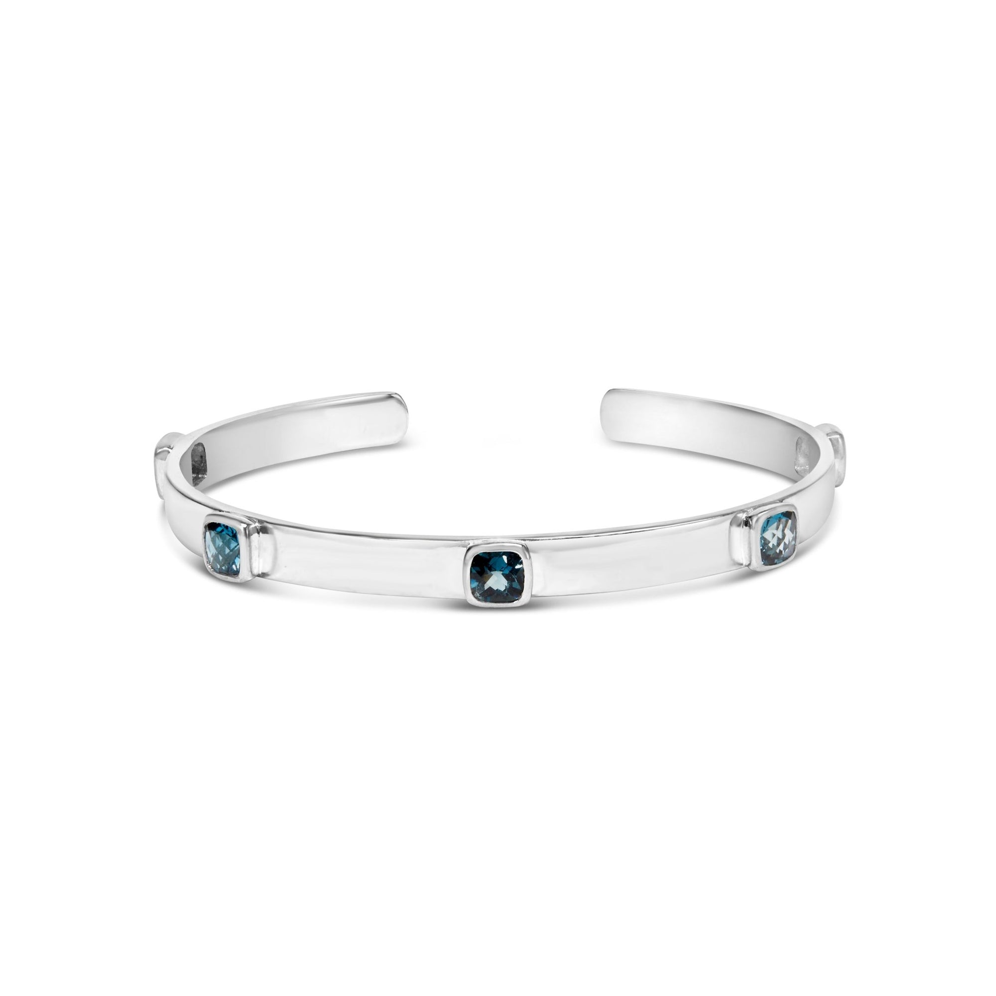 .925 Sterling Silver and Bezel Set 5mm Checkerboard Cushion Cut Blue Topaz Bangle - Fits wrists up to 8" Inches - LinkagejewelrydesignLinkagejewelrydesign