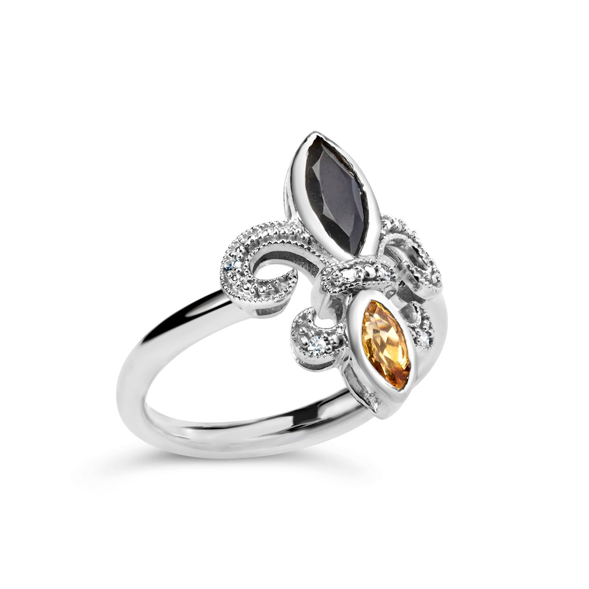 .925 Sterling Silver Black Onyx and Orange Citrine Marquise and Diamond Accent Fleur De Lis Ring (H-I Color, SI1-SI2 Clarity) - Size 7 - LinkagejewelrydesignLinkagejewelrydesign