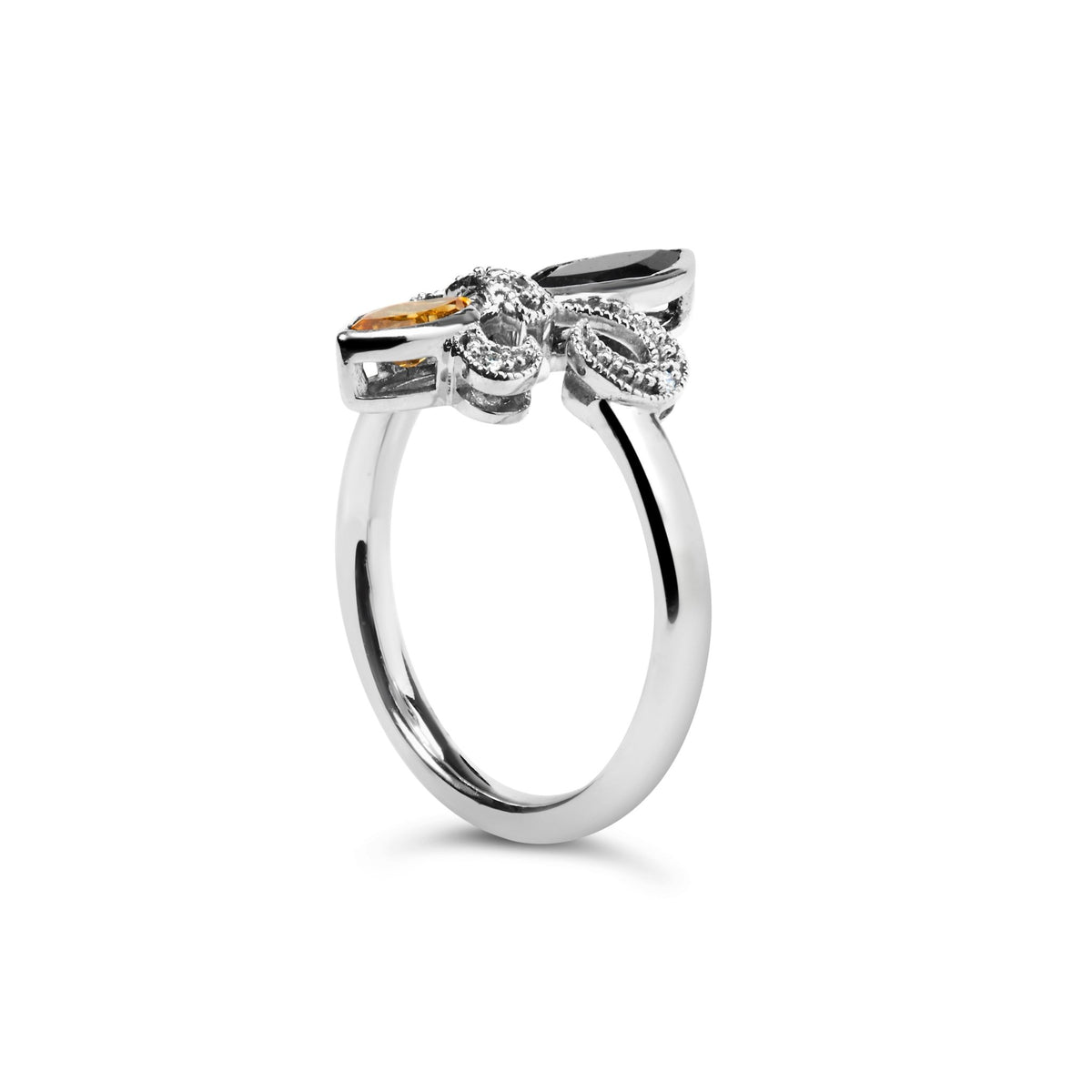 .925 Sterling Silver Black Onyx and Orange Citrine Marquise and Diamond Accent Fleur De Lis Ring (H-I Color, SI1-SI2 Clarity) - Size 7 - LinkagejewelrydesignLinkagejewelrydesign