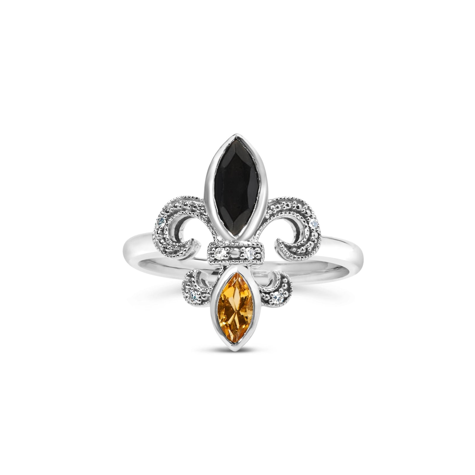 .925 Sterling Silver Black Onyx and Orange Citrine Marquise and Diamond Accent Fleur De Lis Ring (H-I Color, SI1-SI2 Clarity) - Size 7 - LinkagejewelrydesignLinkagejewelrydesign