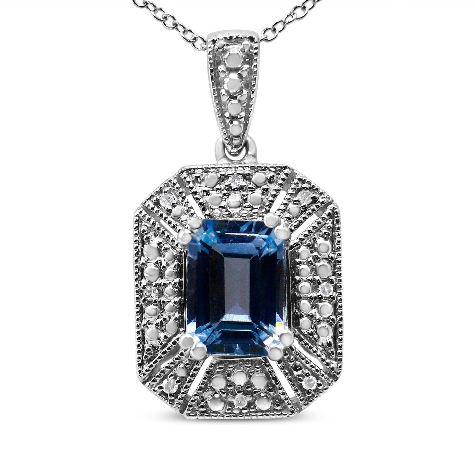 .925 Sterling Silver Blue Topaz and Diamond Accent Art Deco Style 18" Pendant Necklace (I-J Color, I1-I2 Clarity) - LinkagejewelrydesignLinkagejewelrydesign