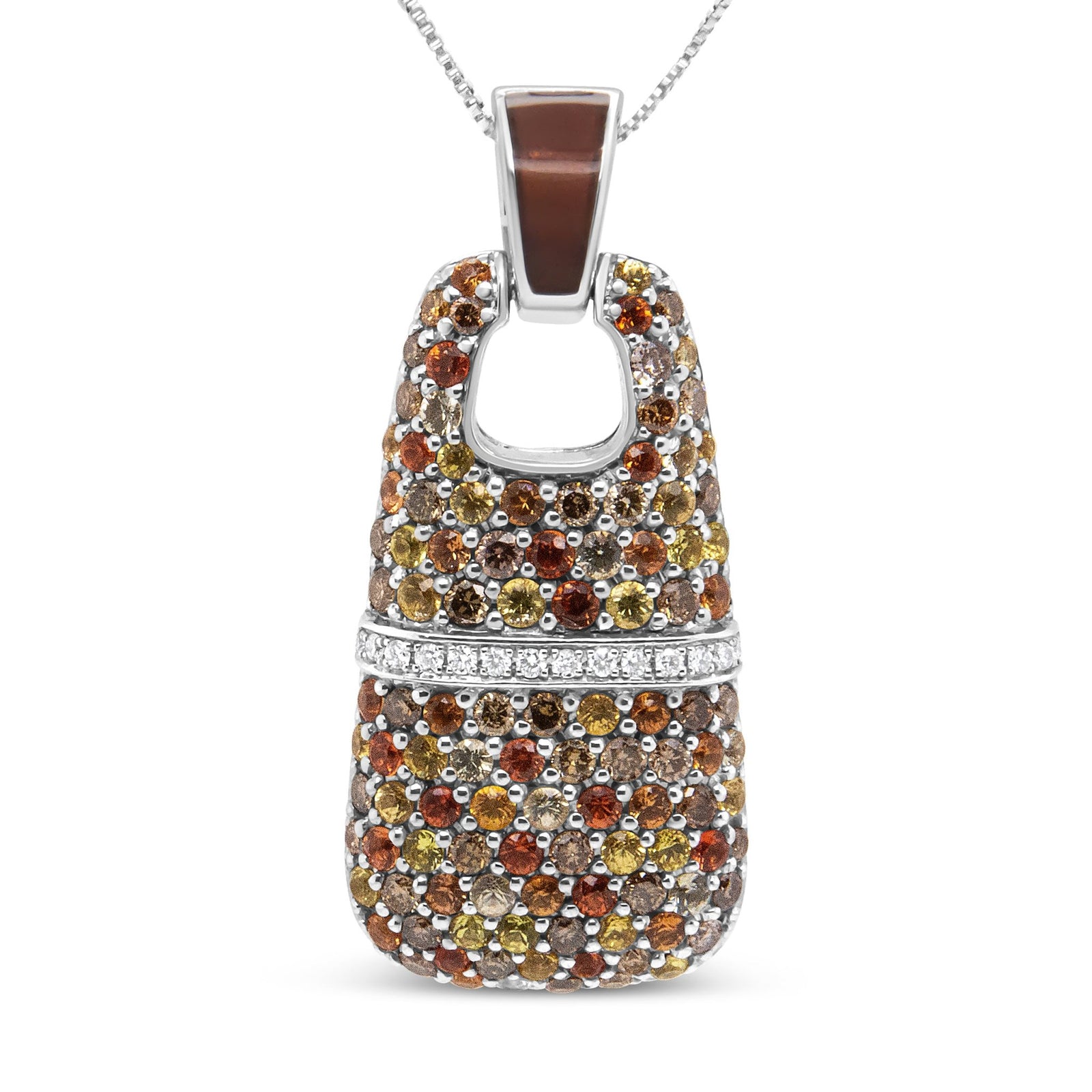 .925 Sterling Silver Brown Enamel 1 Cttw White and Brown Diamonds and 1.5mm Yellow and Orange Sapphire Gemstones Statement 18" Pendant Necklace (Brown and F-G Color, VS1-VS2 Clarity) - LinkagejewelrydesignLinkagejewelrydesign