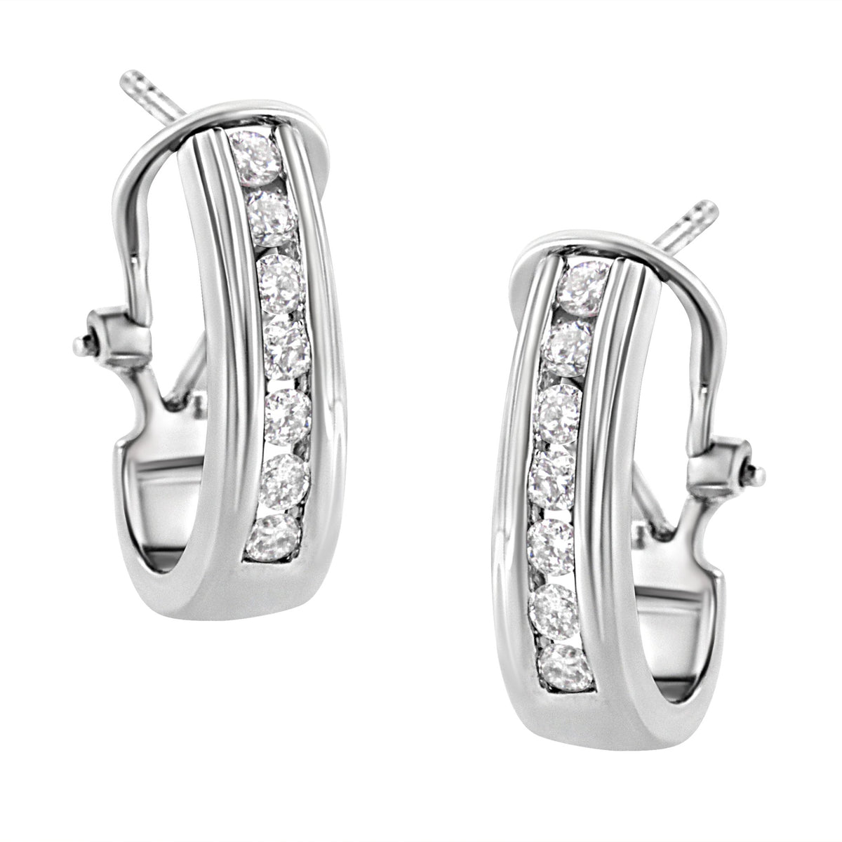 .925 Sterling Silver Channel Set 1/2 Cttw Lab Grown Round Diamond Omega Back Huggy Hoop Earrings (F-G Color, SI1-SI2 Clarity) - LinkagejewelrydesignLinkagejewelrydesign