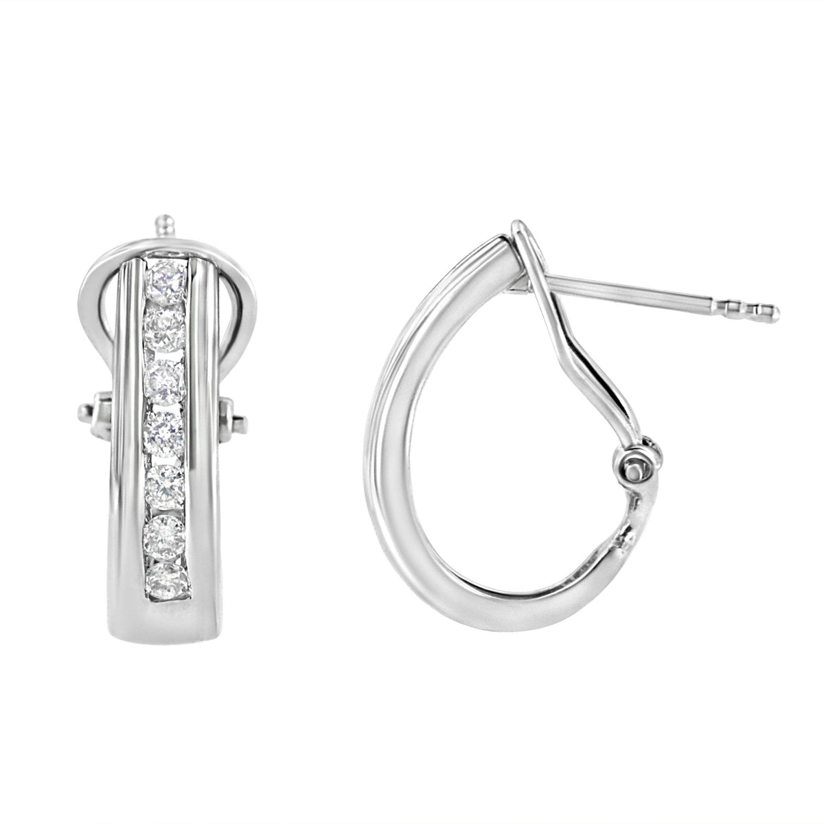 .925 Sterling Silver Channel Set 1/2 Cttw Lab Grown Round Diamond Omega Back Huggy Hoop Earrings (F-G Color, SI1-SI2 Clarity) - LinkagejewelrydesignLinkagejewelrydesign