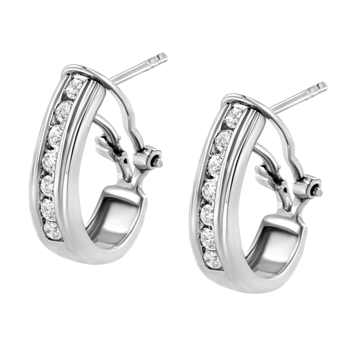 .925 Sterling Silver Channel Set 1/2 Cttw Lab Grown Round Diamond Omega Back Huggy Hoop Earrings (F-G Color, SI1-SI2 Clarity) - LinkagejewelrydesignLinkagejewelrydesign