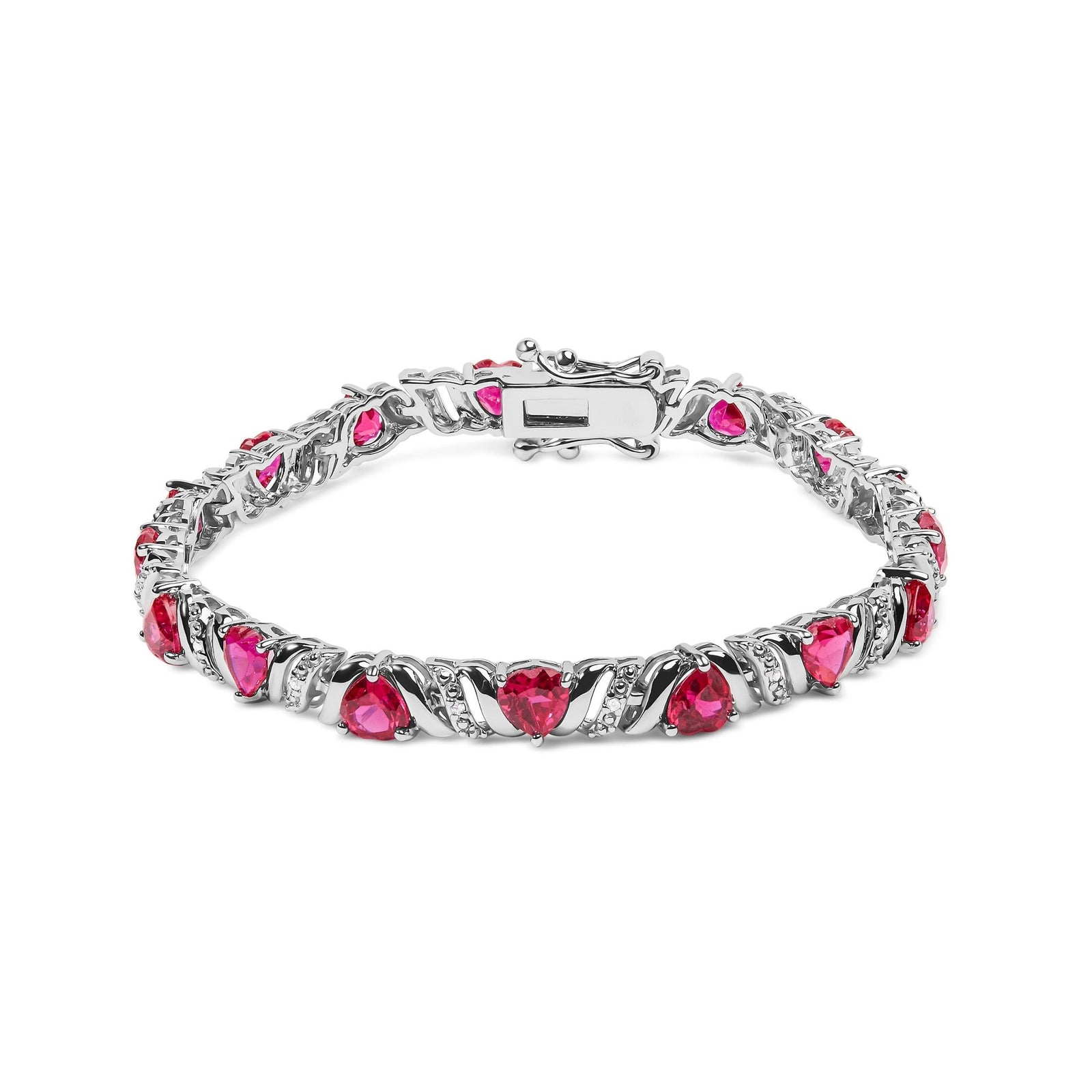 .925 Sterling Silver Created Heart Shape Red Ruby and White Diamond Accent Link Bracelet (I-J Color, I3 Clarity)- 7.25" Inches - LinkagejewelrydesignLinkagejewelrydesign