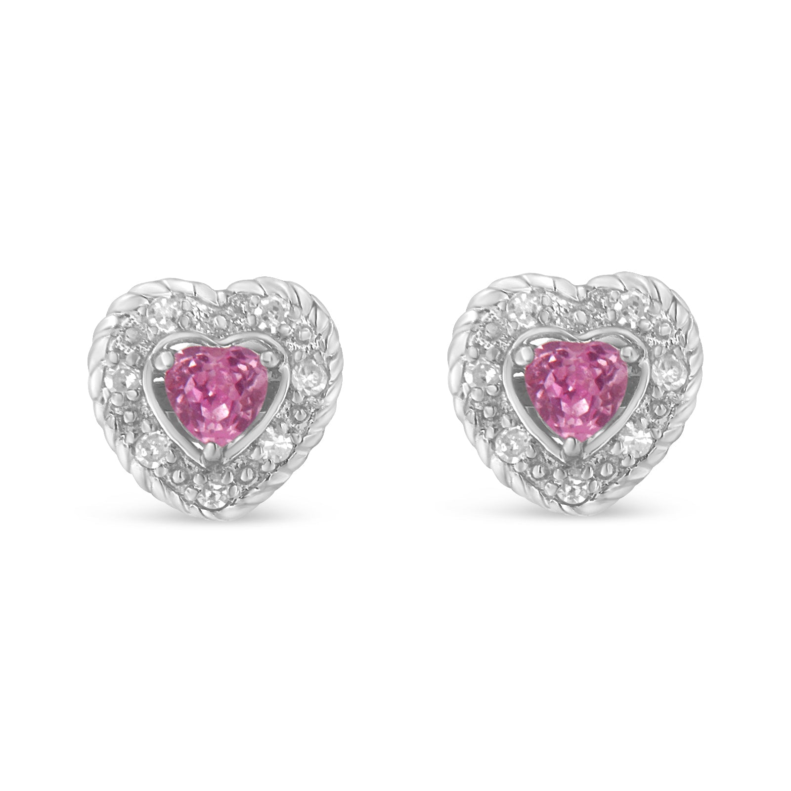 .925 Sterling Silver, Created Pink Sapphire, & Diamond-Accented 5/8" Heart-Shaped Rope Stud Earrings (I-J Color, I2-I3 Clarity) - LinkagejewelrydesignLinkagejewelrydesign