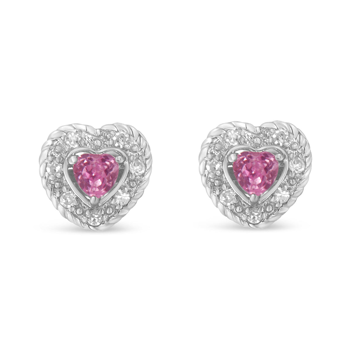 .925 Sterling Silver, Created Pink Sapphire, & Diamond-Accented 5/8" Heart-Shaped Rope Stud Earrings (I-J Color, I2-I3 Clarity) - LinkagejewelrydesignLinkagejewelrydesign