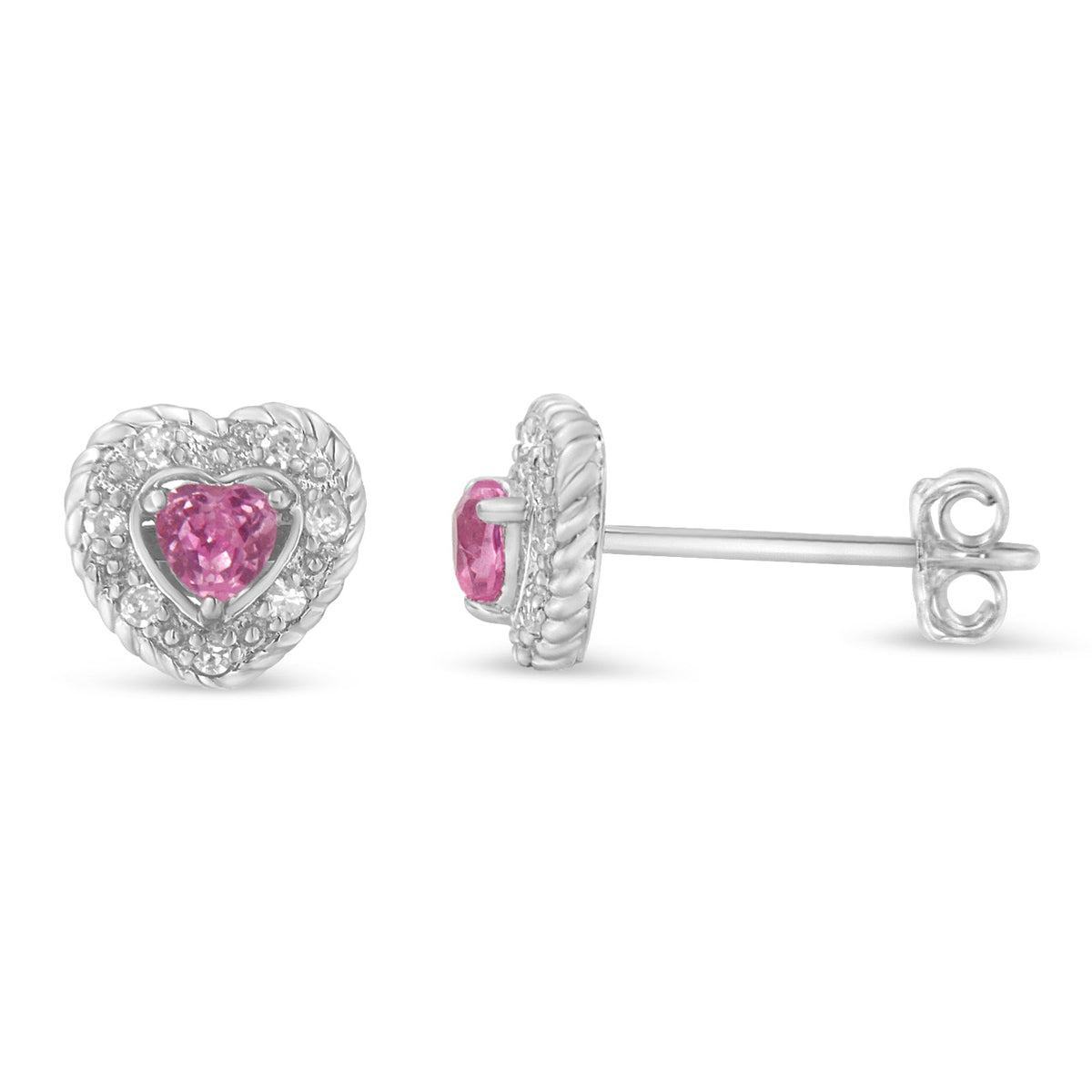 .925 Sterling Silver, Created Pink Sapphire, & Diamond-Accented 5/8" Heart-Shaped Rope Stud Earrings (I-J Color, I2-I3 Clarity) - LinkagejewelrydesignLinkagejewelrydesign