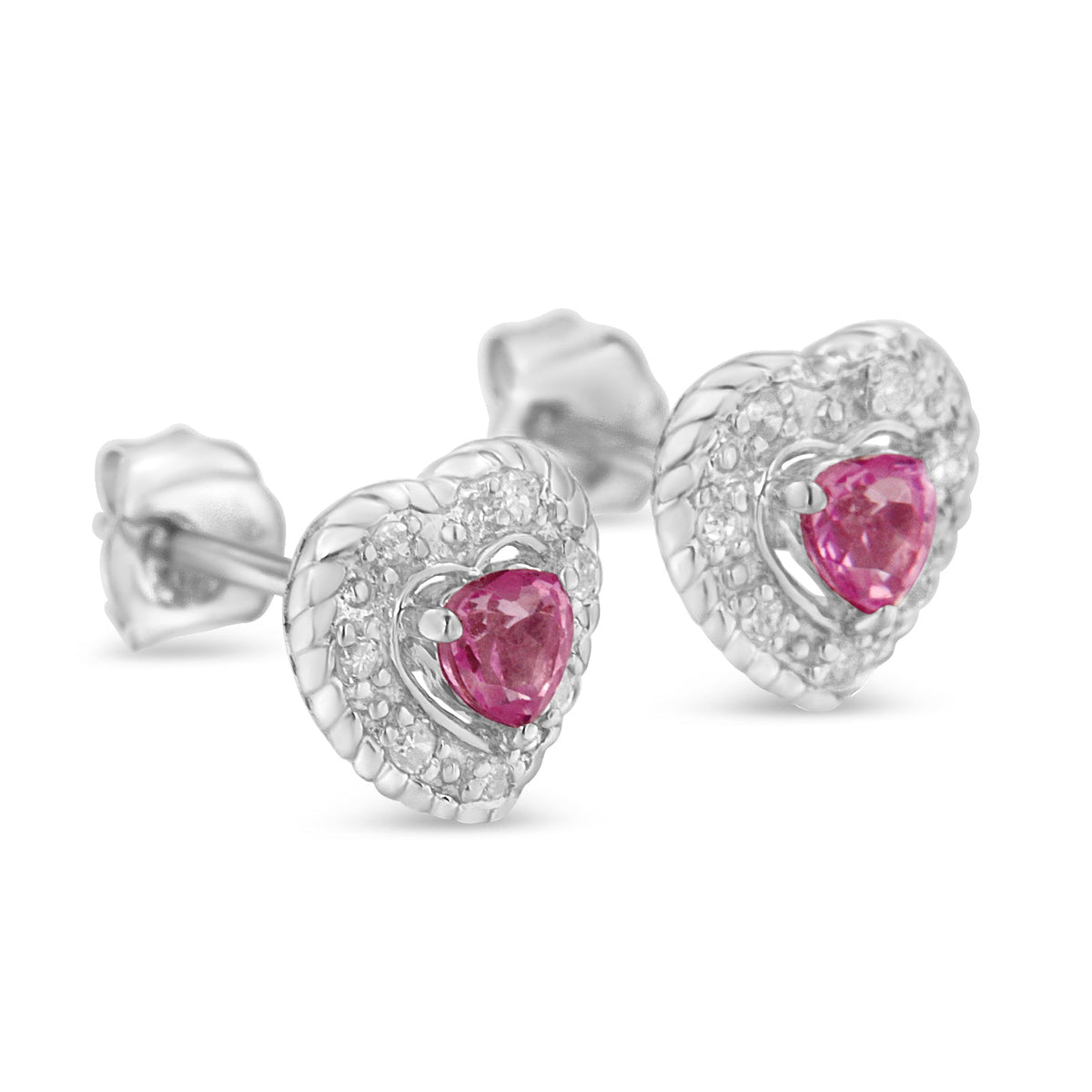 .925 Sterling Silver, Created Pink Sapphire, & Diamond-Accented 5/8" Heart-Shaped Rope Stud Earrings (I-J Color, I2-I3 Clarity) - LinkagejewelrydesignLinkagejewelrydesign