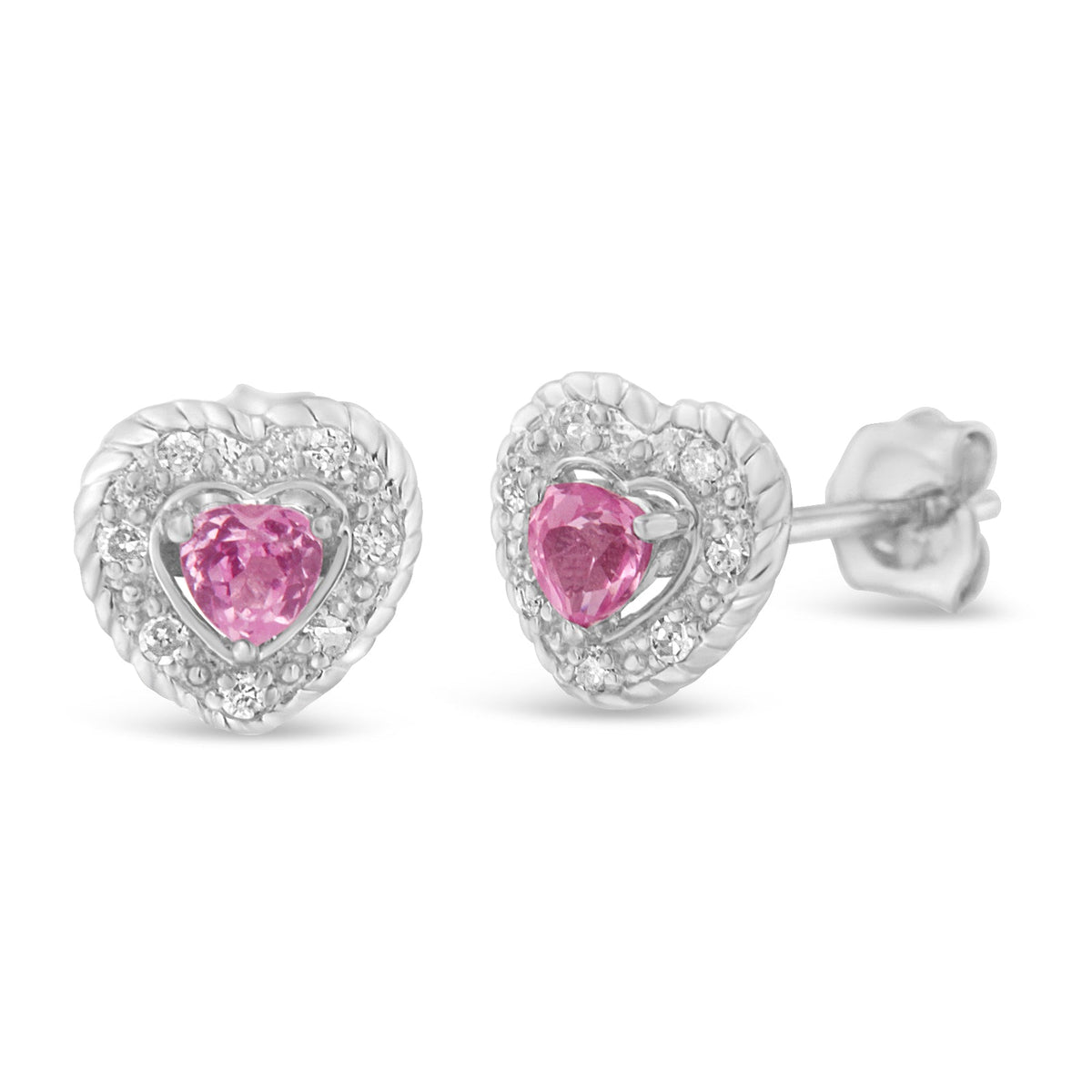 .925 Sterling Silver, Created Pink Sapphire, & Diamond-Accented 5/8" Heart-Shaped Rope Stud Earrings (I-J Color, I2-I3 Clarity) - LinkagejewelrydesignLinkagejewelrydesign