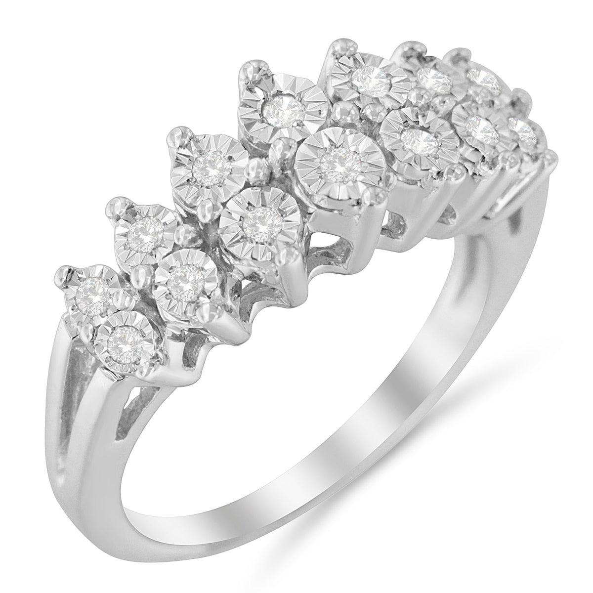 .925 Sterling Silver ¼ Cttw Miracle-Set Diamond Three Row Stair Stepped Fluted Modern Band Ring (I-J Color, I2-I3 Clarity) - Size 7 - LinkagejewelrydesignLinkagejewelrydesign