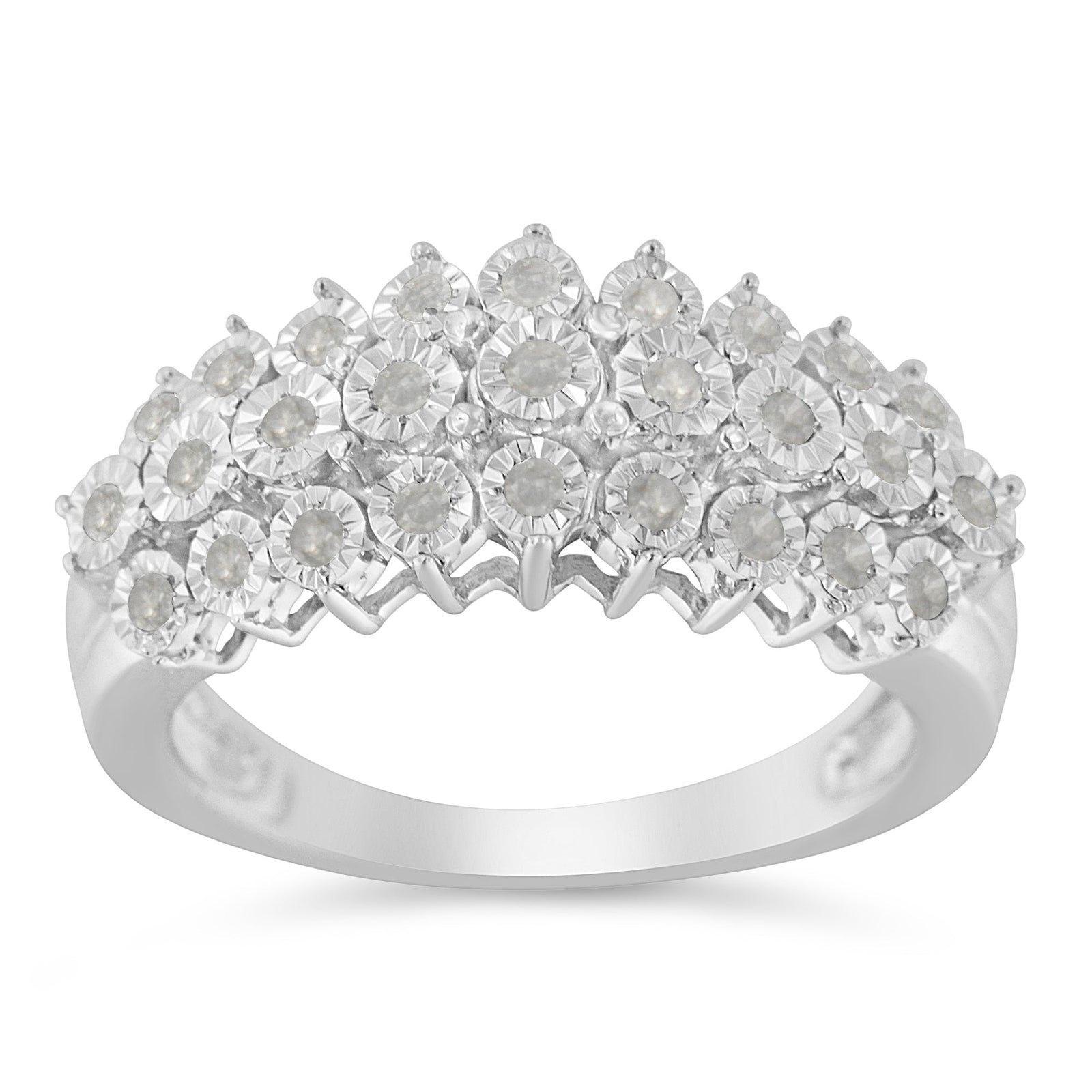 .925 Sterling Silver ¼ Cttw Miracle-Set Diamond Three Row Stair Stepped Fluted Modern Band Ring (I-J Color, I2-I3 Clarity) - Size 7 - LinkagejewelrydesignLinkagejewelrydesign