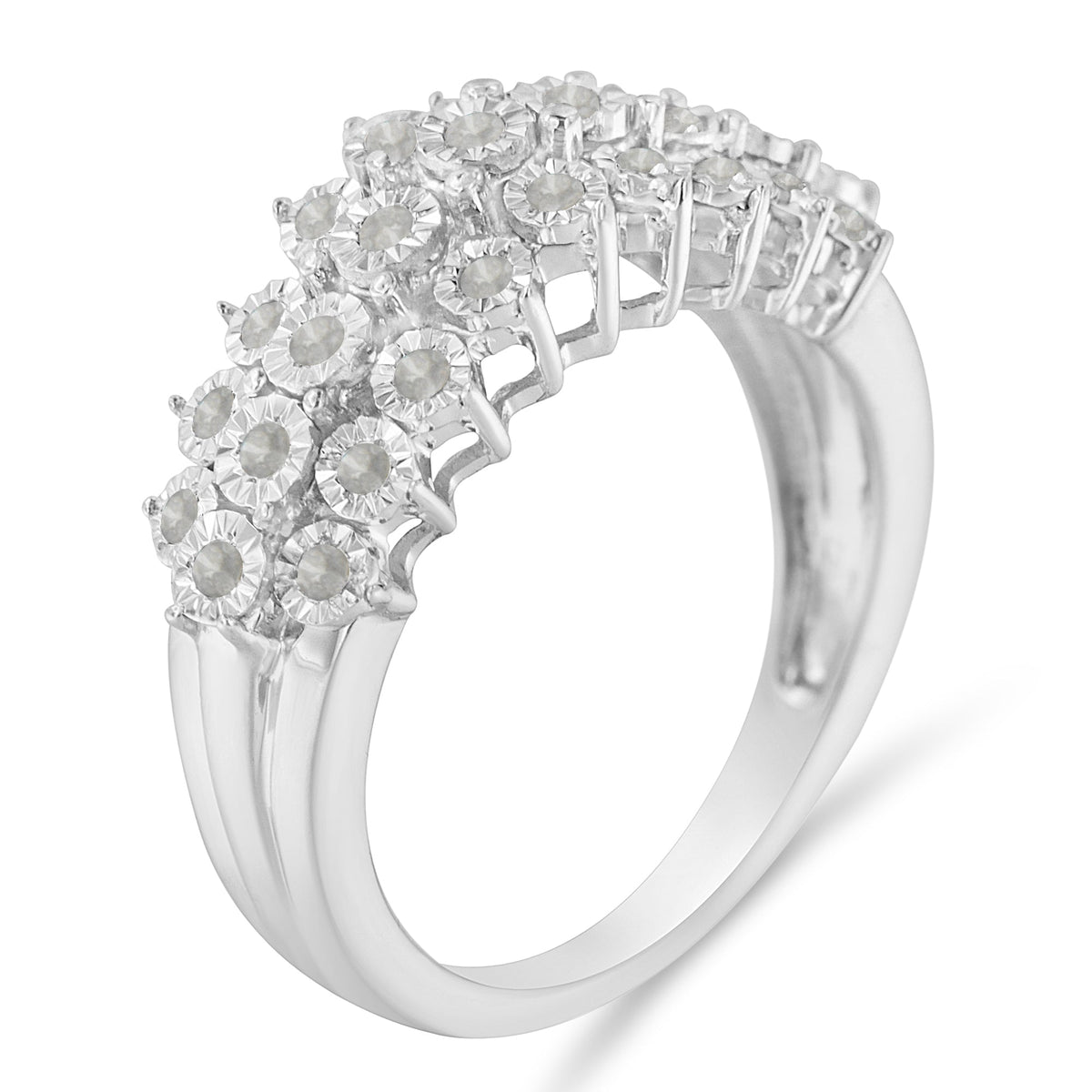 .925 Sterling Silver ¼ Cttw Miracle-Set Diamond Three Row Stair Stepped Fluted Modern Band Ring (I-J Color, I2-I3 Clarity) - Size 7 - LinkagejewelrydesignLinkagejewelrydesign