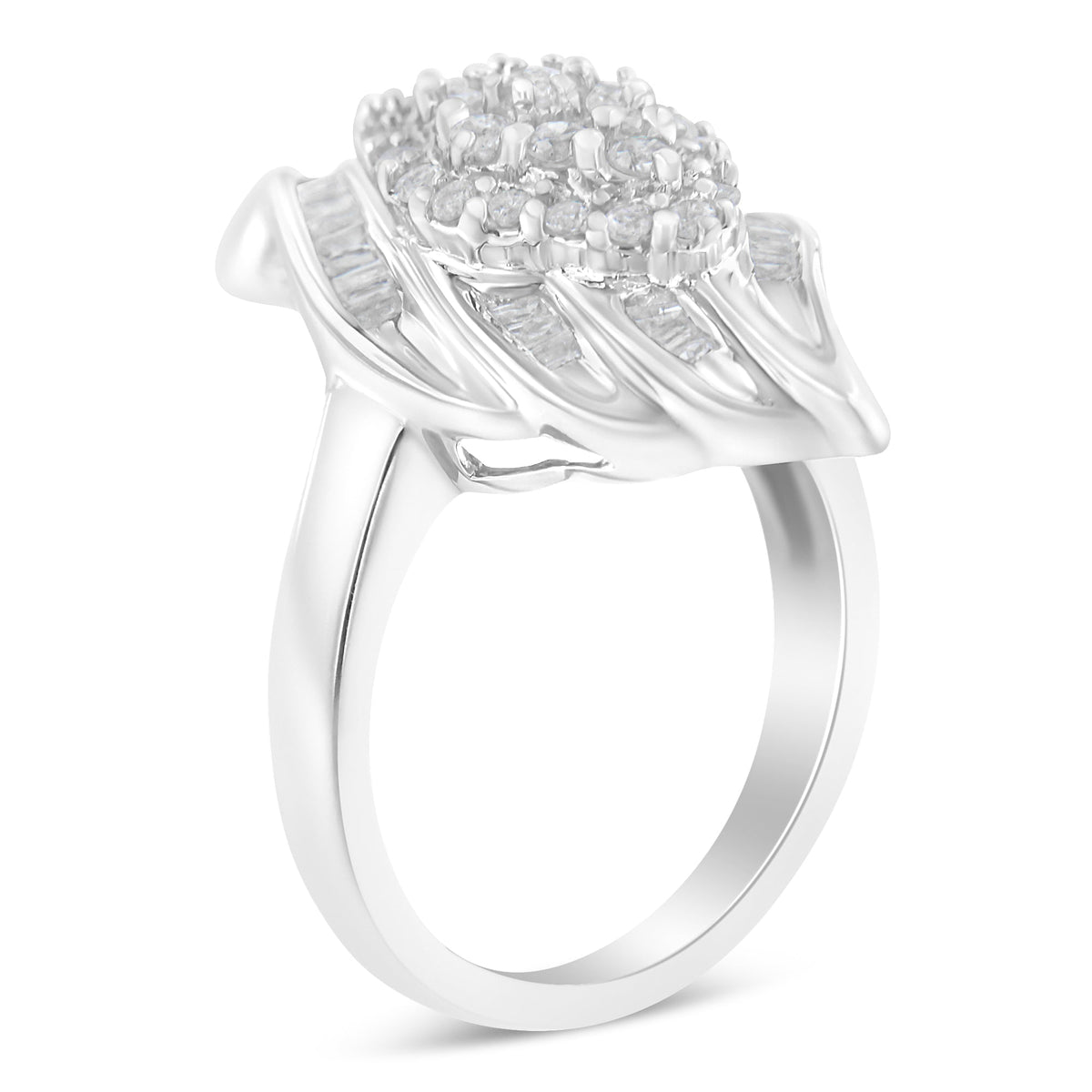 .925 Sterling Silver ¾ Cttw Round and Baguette Cut Diamond Stair-Stepped Cluster Waterfall Cocktail Ring (I-J Color, I2-I3 Clarity) - Size 6 - LinkagejewelrydesignLinkagejewelrydesign