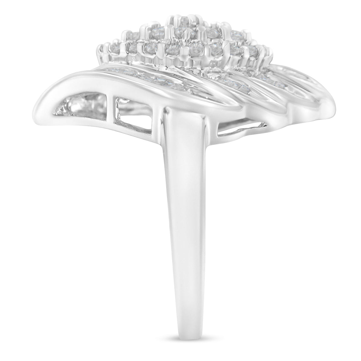.925 Sterling Silver ¾ Cttw Round and Baguette Cut Diamond Stair-Stepped Cluster Waterfall Cocktail Ring (I-J Color, I2-I3 Clarity) - Size 6 - LinkagejewelrydesignLinkagejewelrydesign