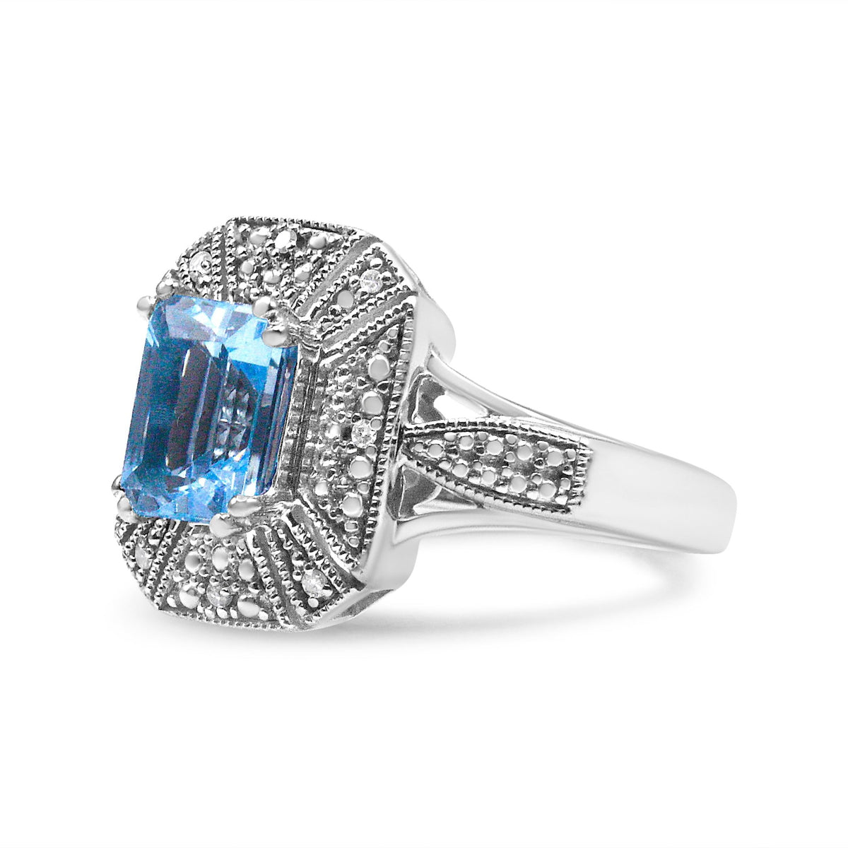 .925 Sterling Silver Diamond Accent and 8X6 mm Emerald-Shape Blue Topaz Ring (I-J Color, I2-I3 Clarity) - Ring Size 7 - LinkagejewelrydesignLinkagejewelrydesign