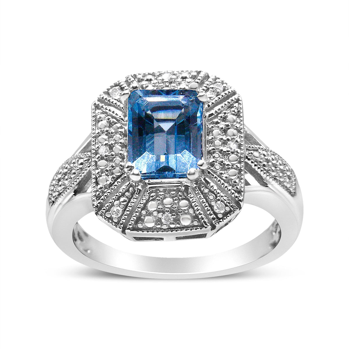 .925 Sterling Silver Diamond Accent and 8X6 mm Emerald-Shape Blue Topaz Ring (I-J Color, I2-I3 Clarity) - Ring Size 7 - LinkagejewelrydesignLinkagejewelrydesign