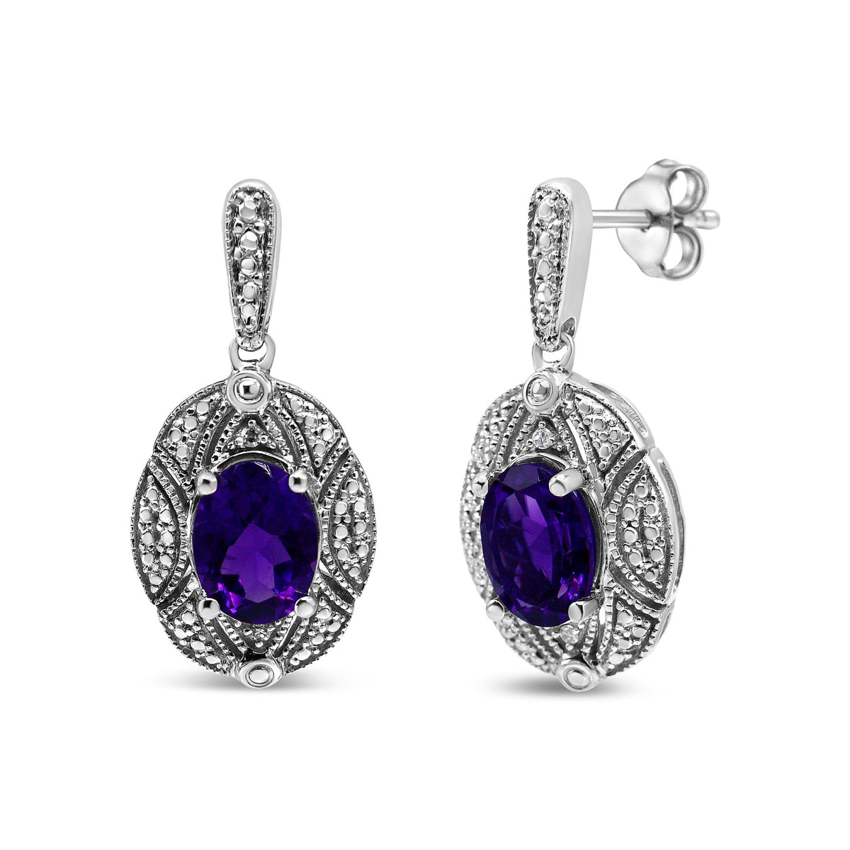 .925 Sterling Silver Diamond Accent and 8x6mm Purple Oval Amethyst Stud Earrings (I-J Color, I1-I2 Clarity) - LinkagejewelrydesignLinkagejewelrydesign