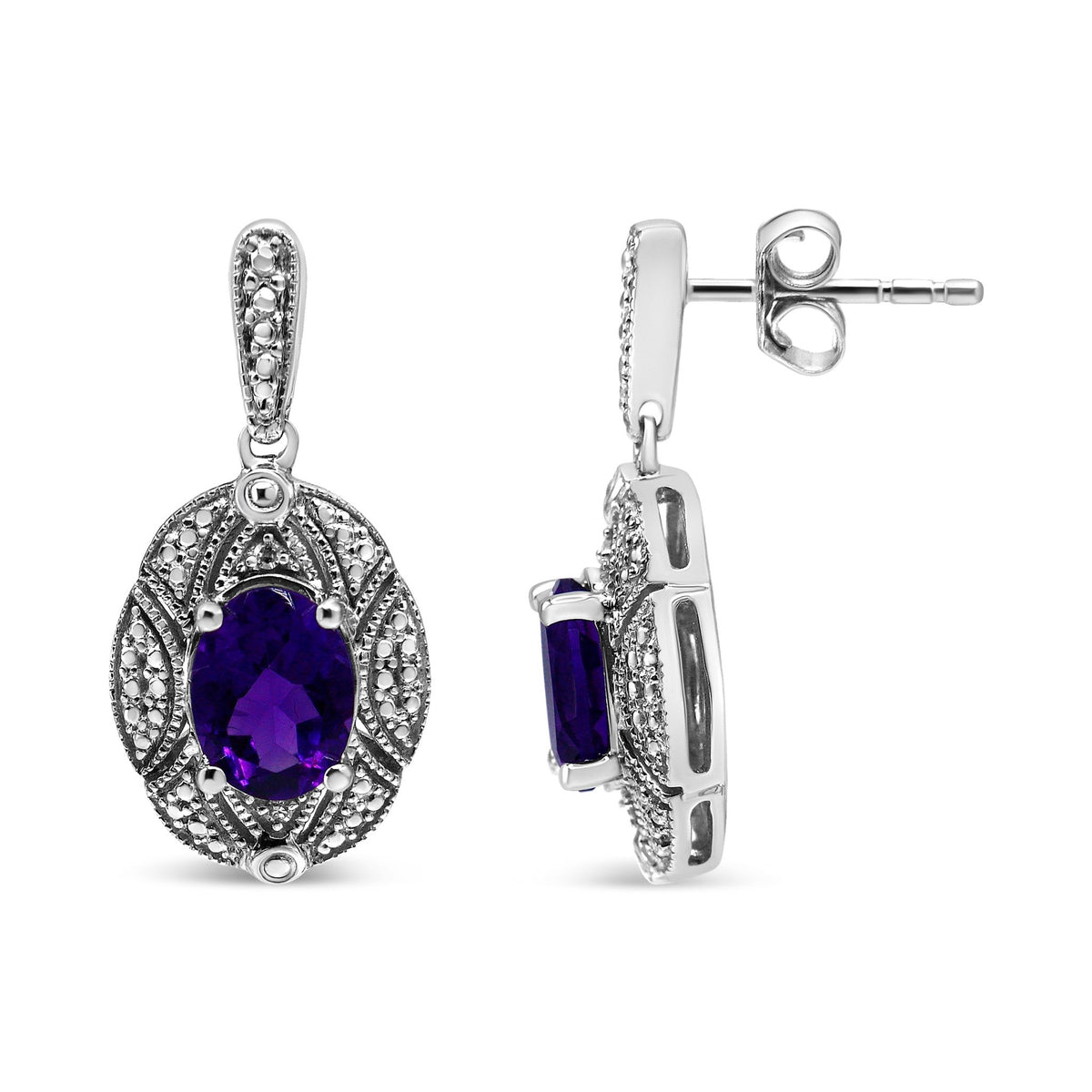 .925 Sterling Silver Diamond Accent and 8x6mm Purple Oval Amethyst Stud Earrings (I-J Color, I1-I2 Clarity) - LinkagejewelrydesignLinkagejewelrydesign