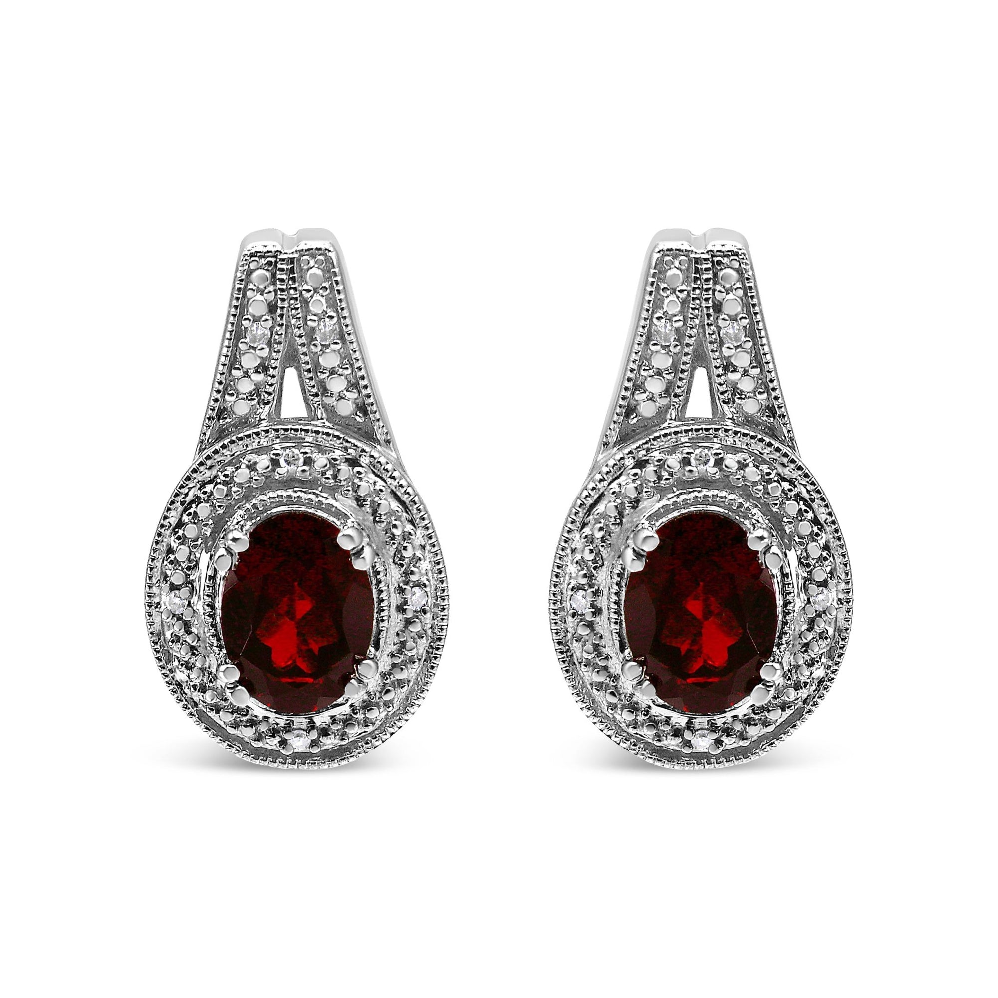 .925 Sterling Silver Diamond Accent and 8x6mm Red Oval Garnet Stud Earrings (I-J Color, I1-I2 Clarity) - LinkagejewelrydesignLinkagejewelrydesign