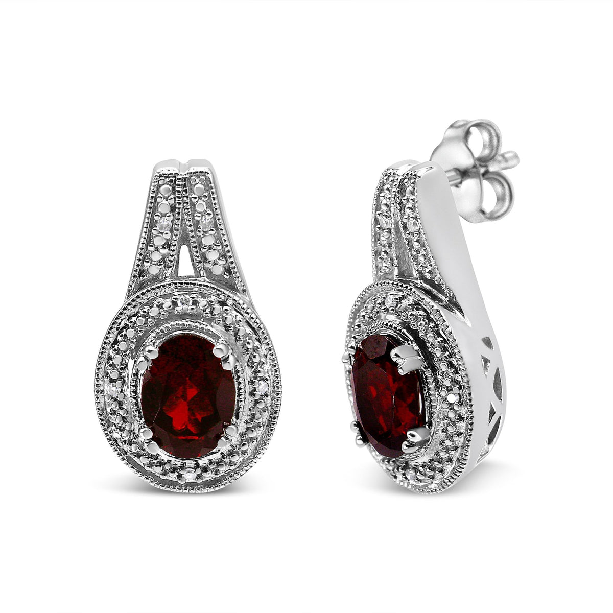 .925 Sterling Silver Diamond Accent and 8x6mm Red Oval Garnet Stud Earrings (I-J Color, I1-I2 Clarity) - LinkagejewelrydesignLinkagejewelrydesign