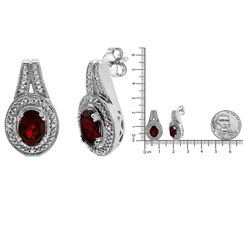 .925 Sterling Silver Diamond Accent and 8x6mm Red Oval Garnet Stud Earrings (I-J Color, I1-I2 Clarity) - LinkagejewelrydesignLinkagejewelrydesign