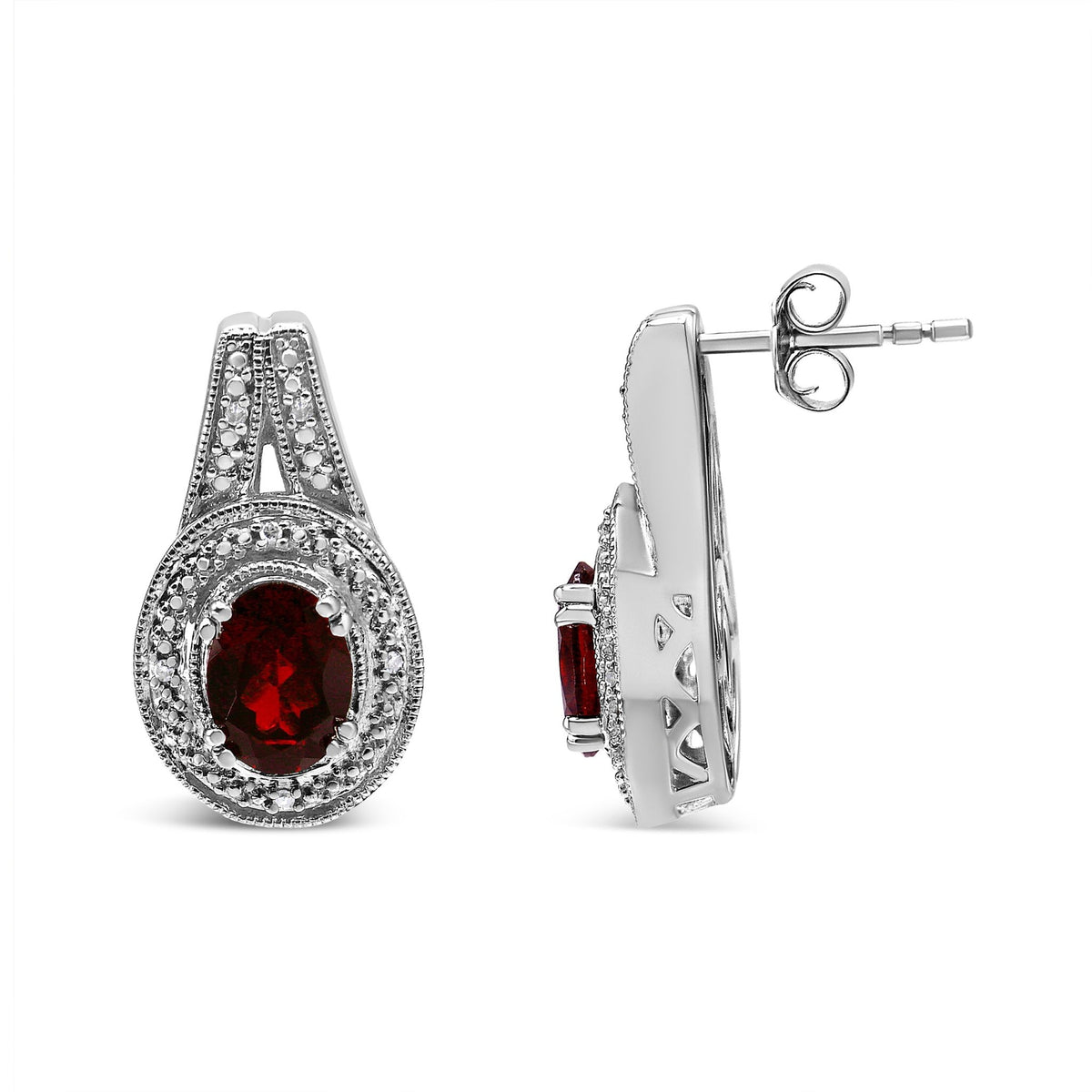 .925 Sterling Silver Diamond Accent and 8x6mm Red Oval Garnet Stud Earrings (I-J Color, I1-I2 Clarity) - LinkagejewelrydesignLinkagejewelrydesign